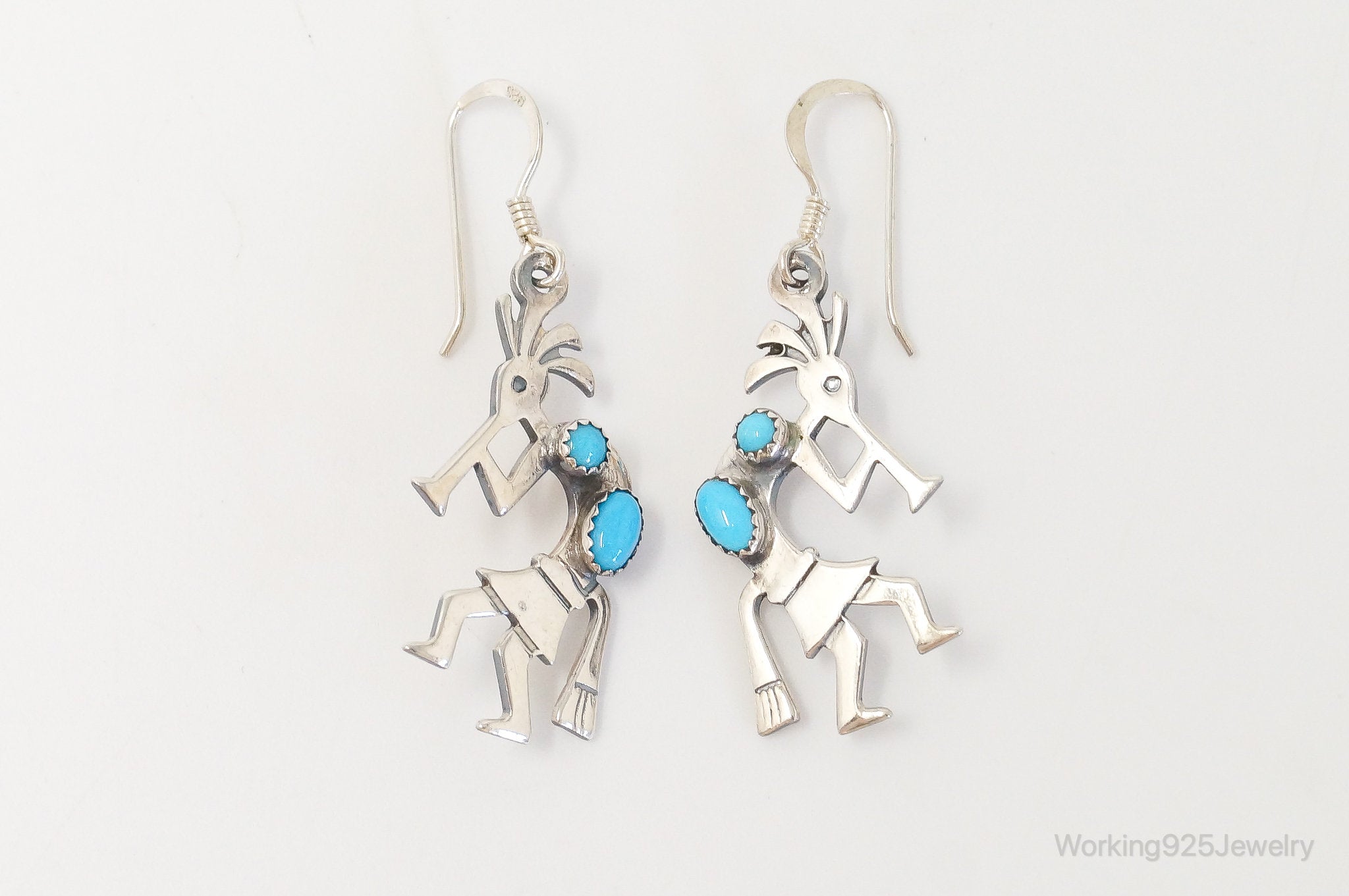 Vintage Native American Turquoise Dancing Kokopelli Sterling Silver Earrings