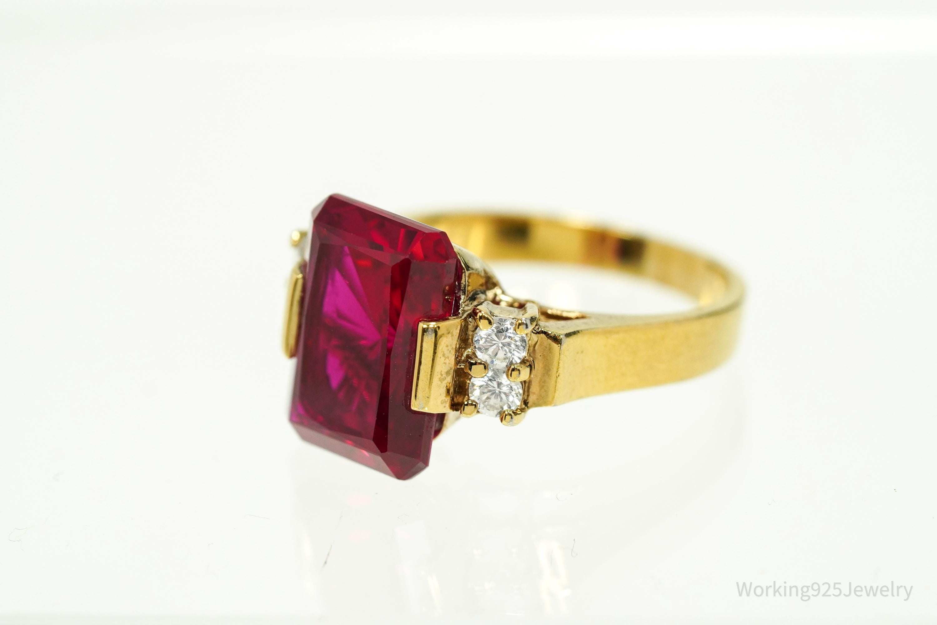 Vintage Ruby & Cubic Zirconia Gold Vermeil Sterling Silver Ring Size 8