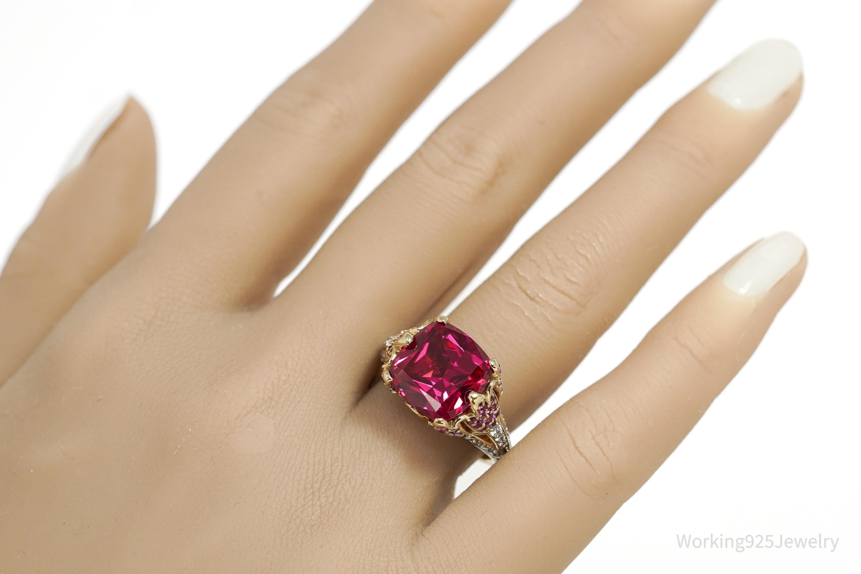 Lab Ruby Pink Tourmaline Sterling Silver Gold Vermeil Cocktail Statement Ring 8