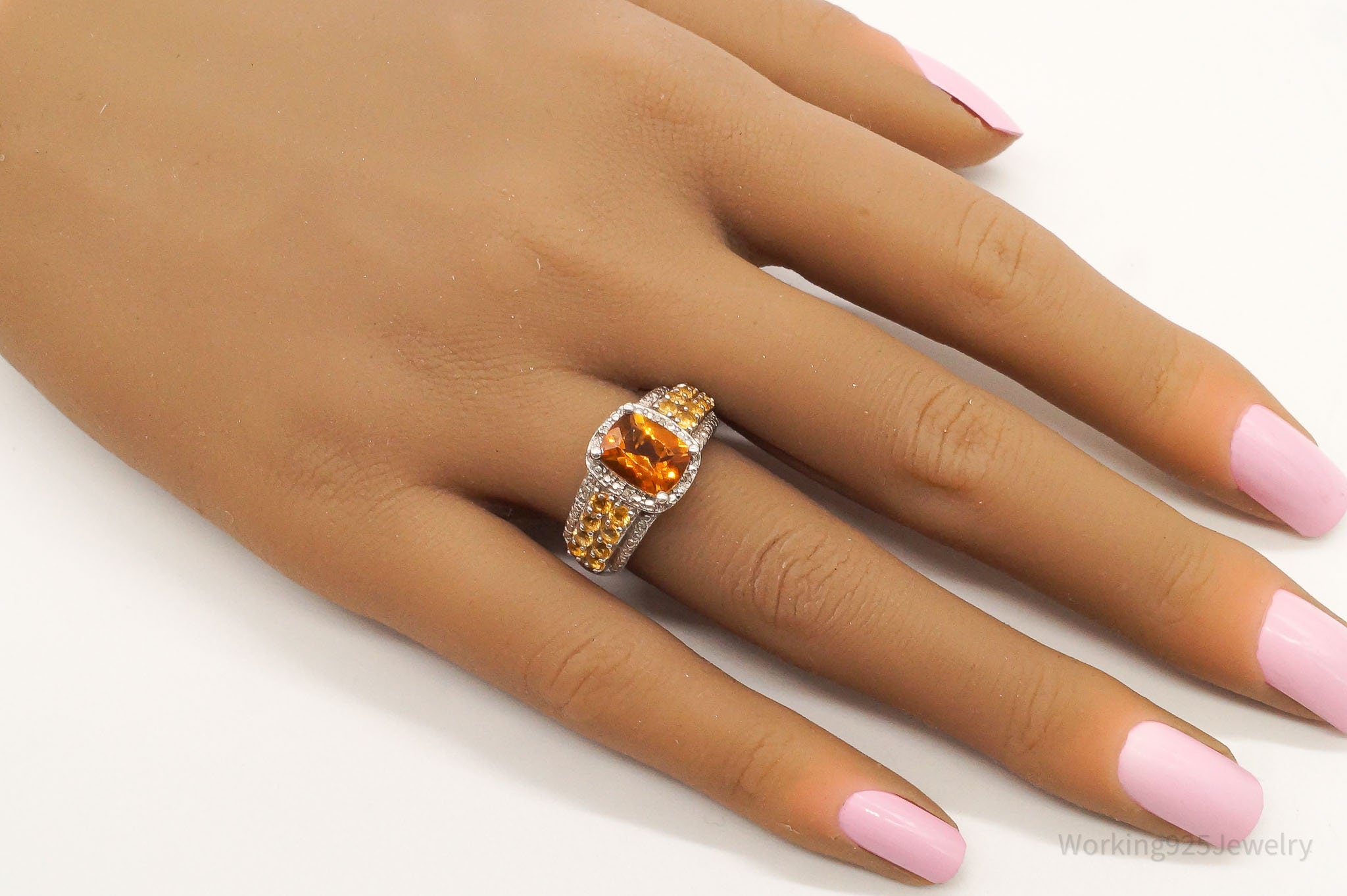 Vintage Citrine Five Diamonds Sterling Silver Ring - Size 6.75