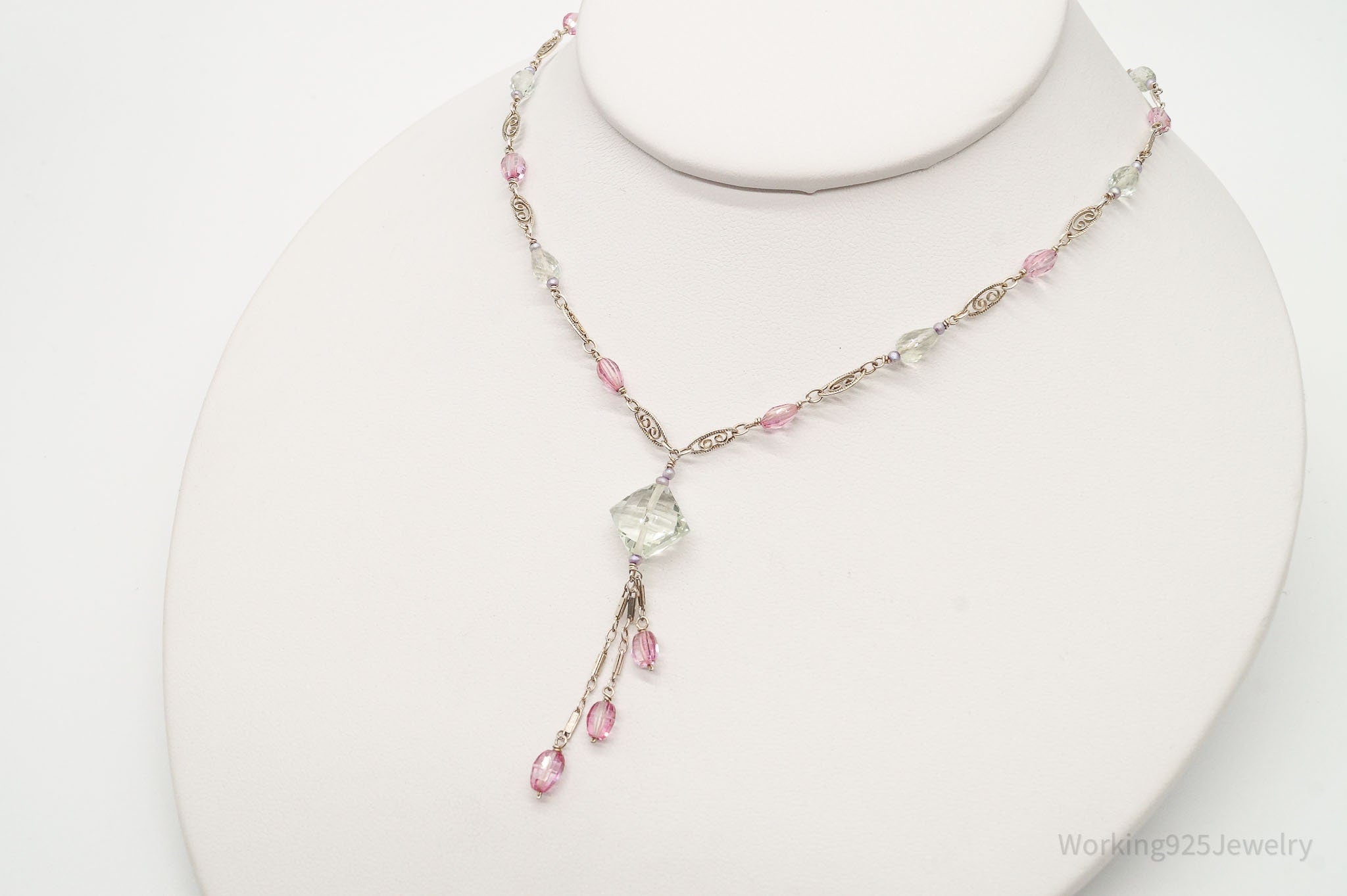 Vintage Prasiolite Pink Topaz Seed Pearls Sterling Silver Necklace