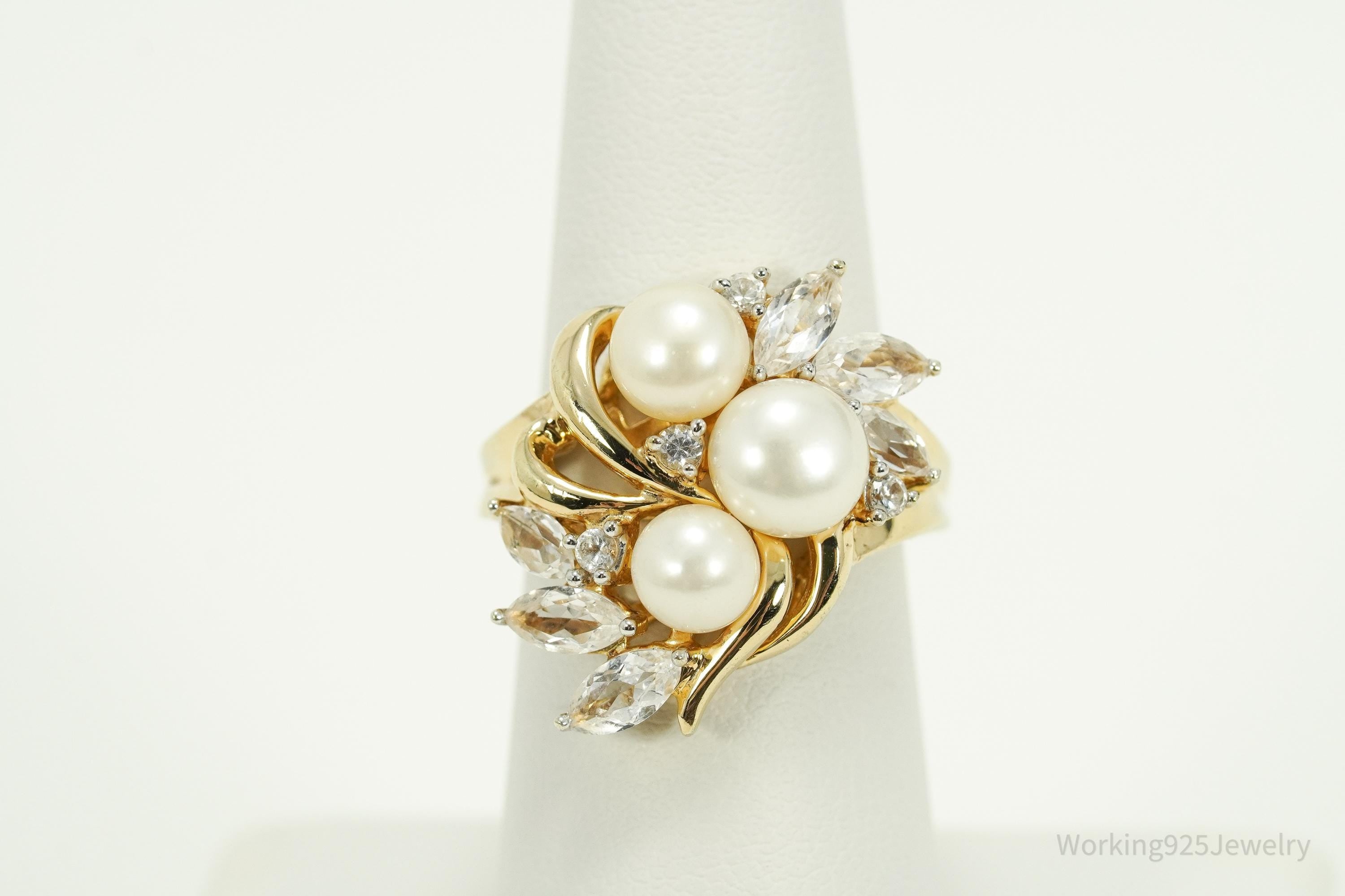 Vintage Pearl & White Sapphire Gold Over Sterling Silver Ring Size 7