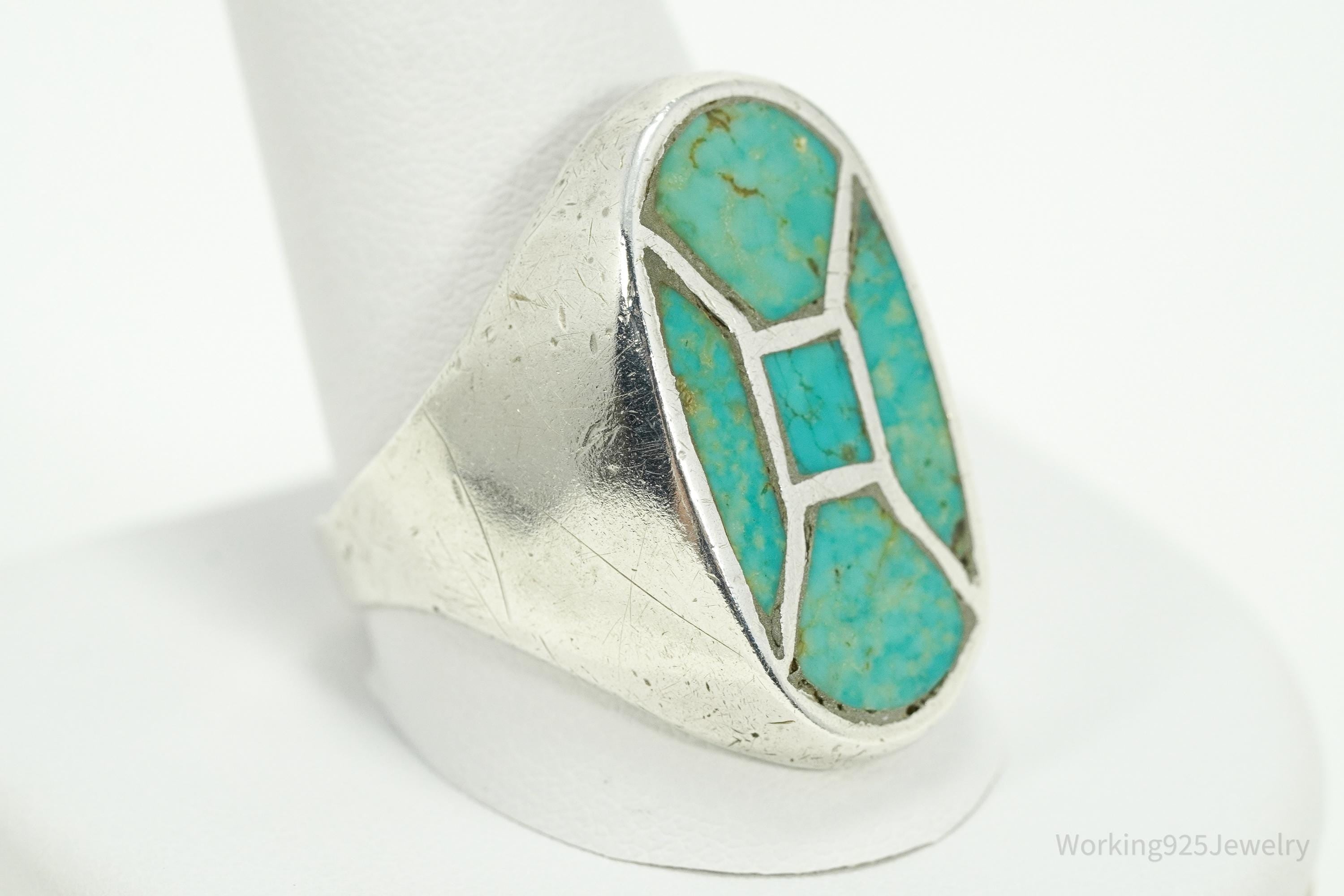 Vintage Native American Turquoise Inlay Heavy Silver Ring - Size 12.25