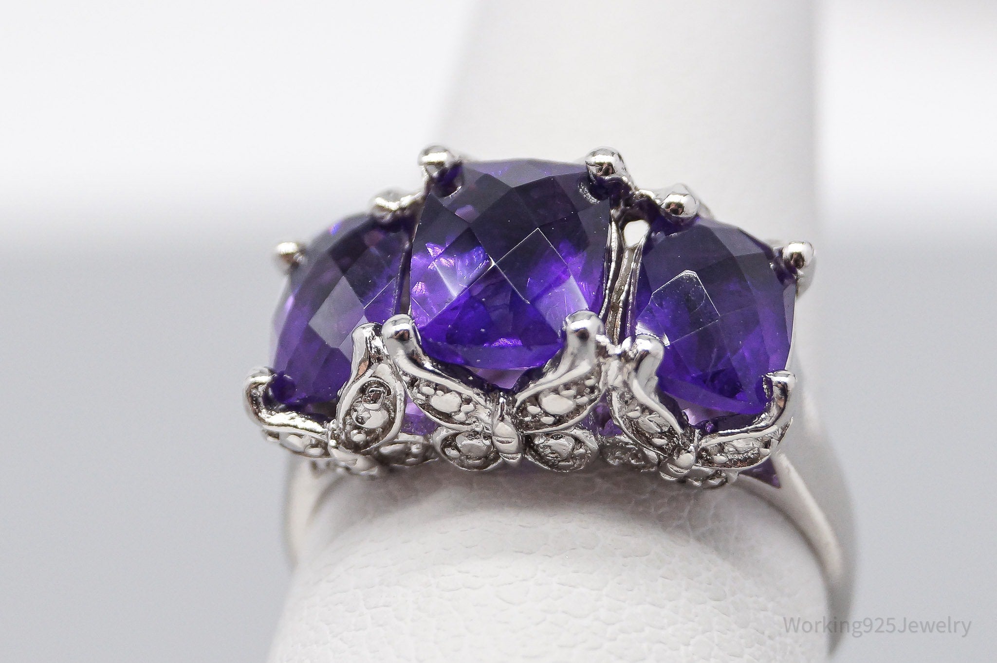 Vintage Designer HT Large Amethyst & Butterflies Sterling Silver Ring - Size 6