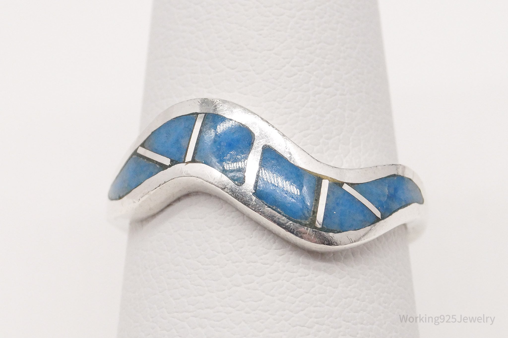 Vintage Native American Denim Lapis Lazuli Inlay Sterling Silver Ring Size 7.5