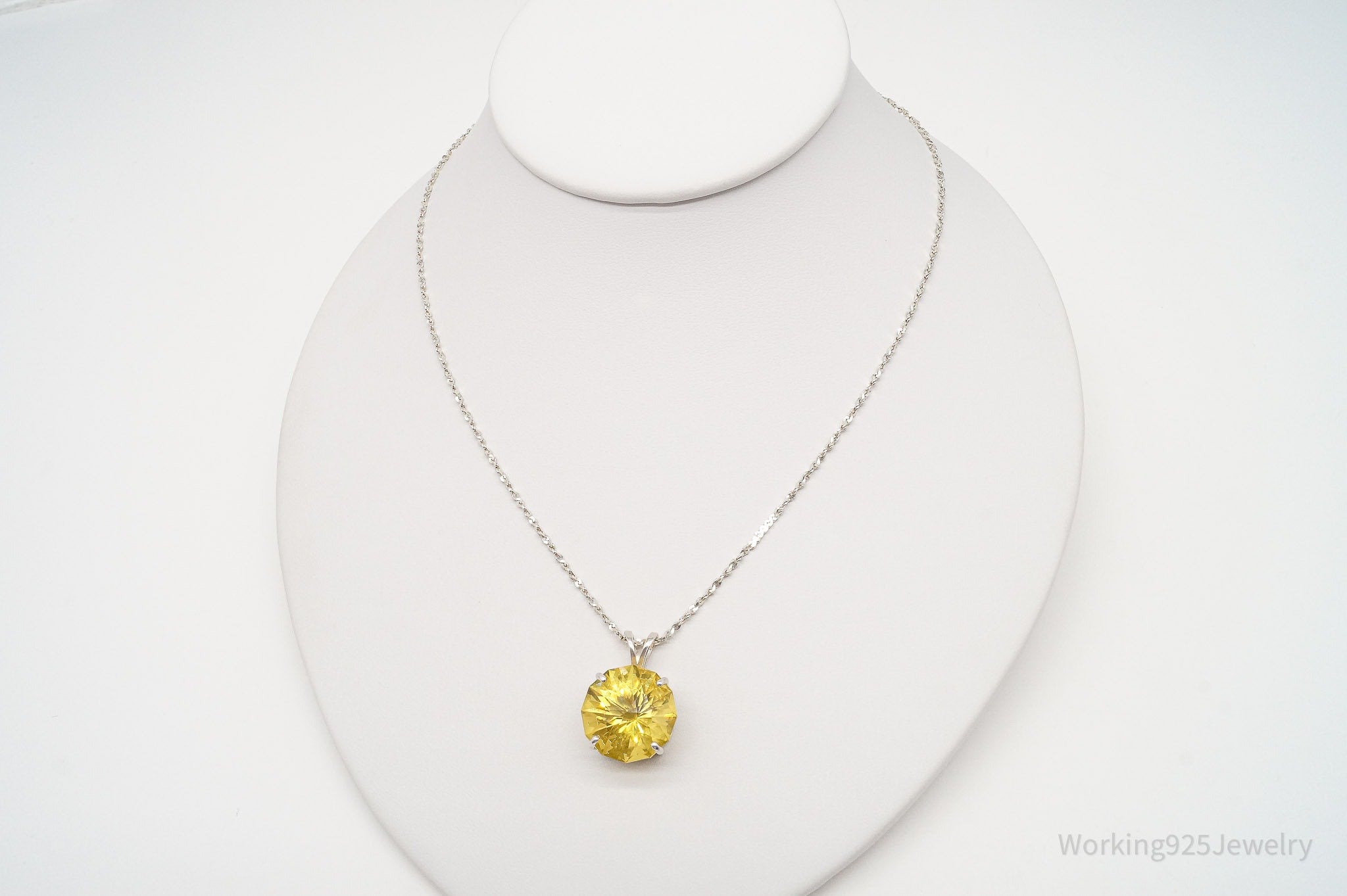 Vintage Large Yellow Simulated Citrine Sterling Silver Necklace 18"