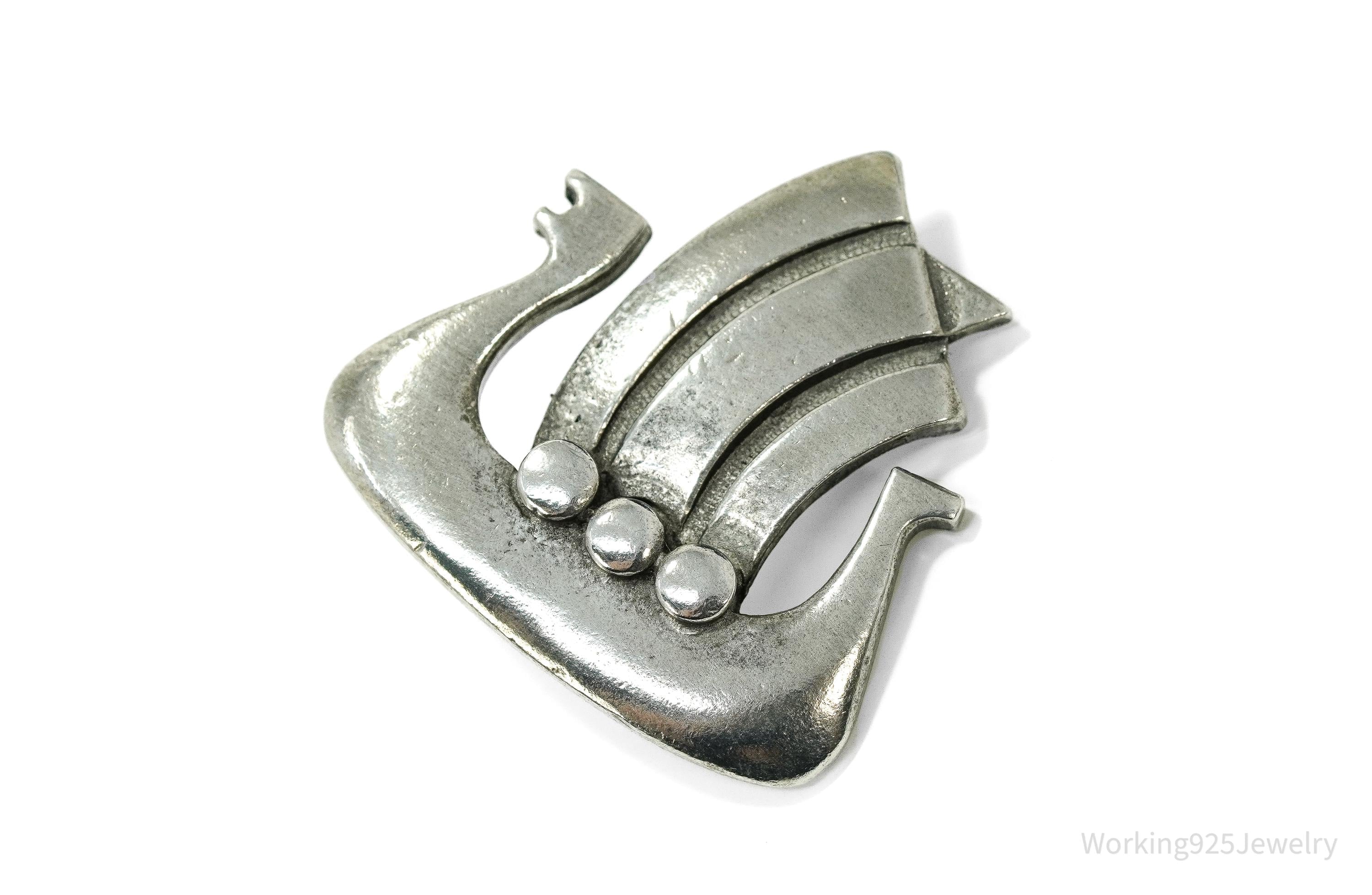 Vintage 1960s Swedish Modernist R. Tennesmed Pewter Viking Ship Brooch Pin