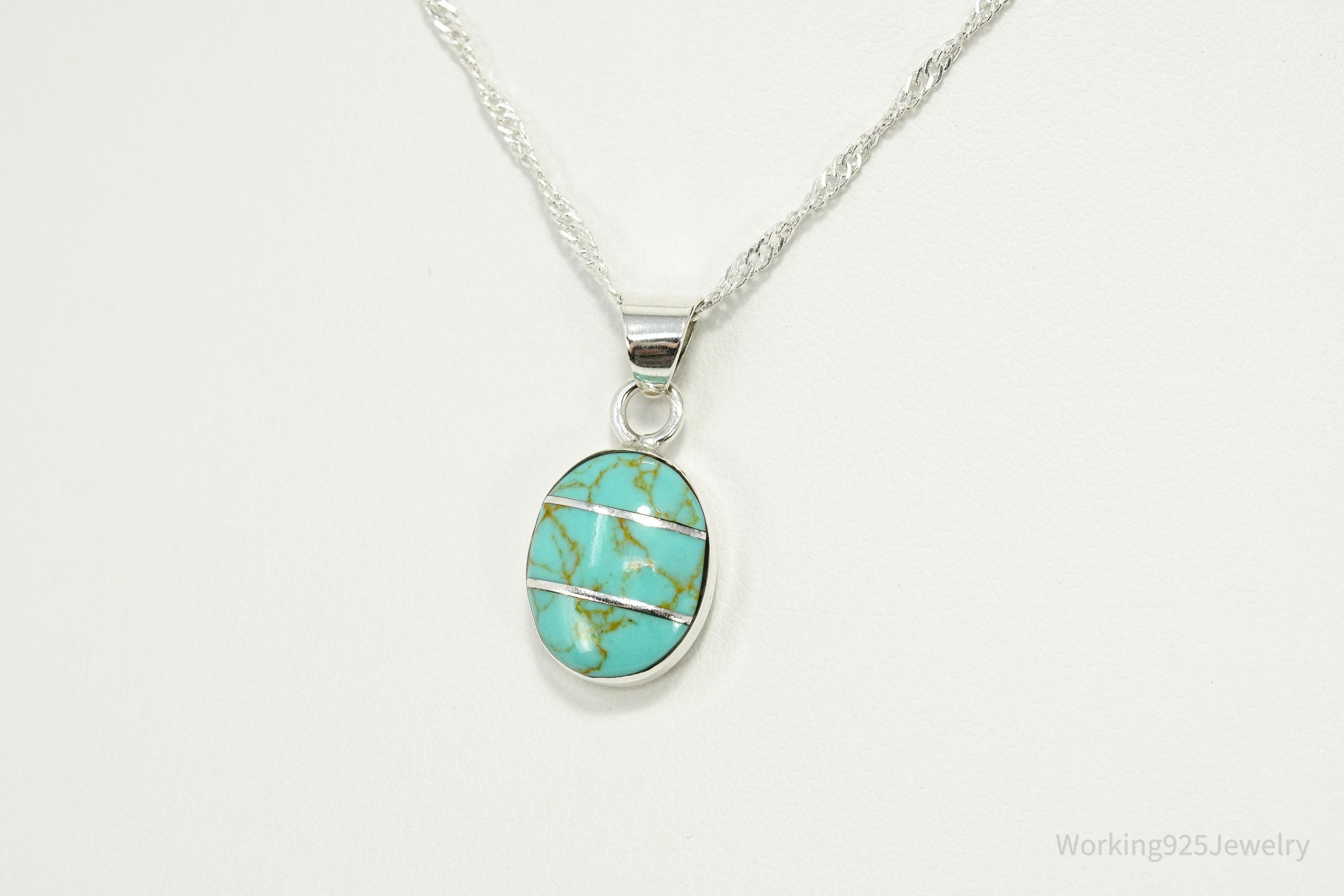 Vintage Blue Turquoise Inlay Sterling Silver Necklace 18"