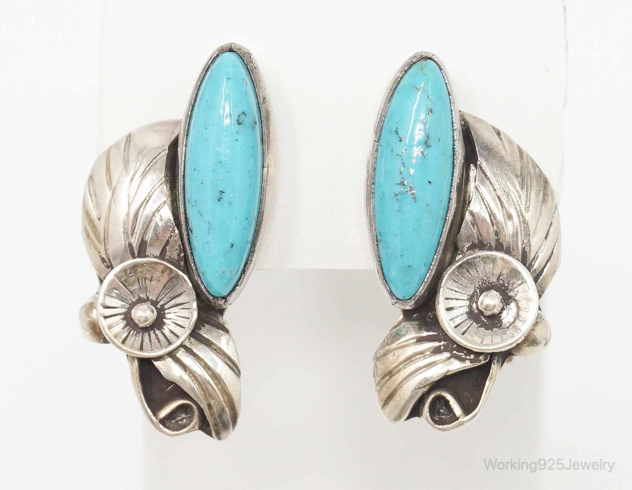 Vintage Native American Milton Lee Turquoise Sterling Silver Clip On Earrings