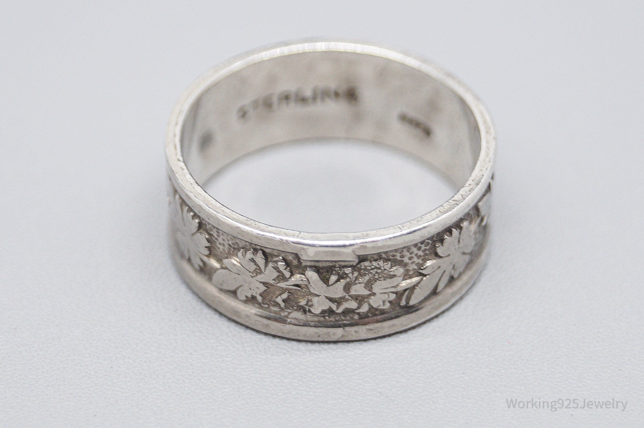 Vintage ESPO Leaves Pattern Sterling Silver Band Ring - Size 7.25