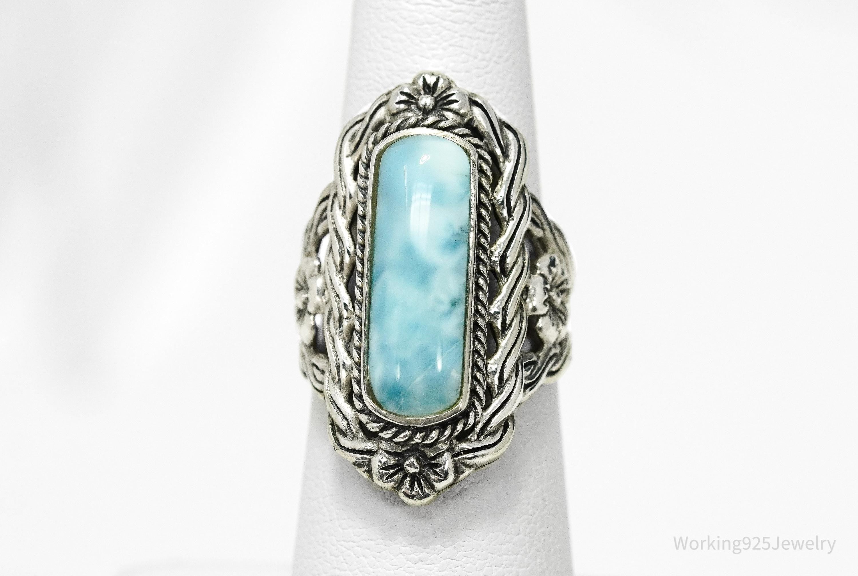 Vintage Long Blue Larimar Sterling Silver Floral Ring - Size 6