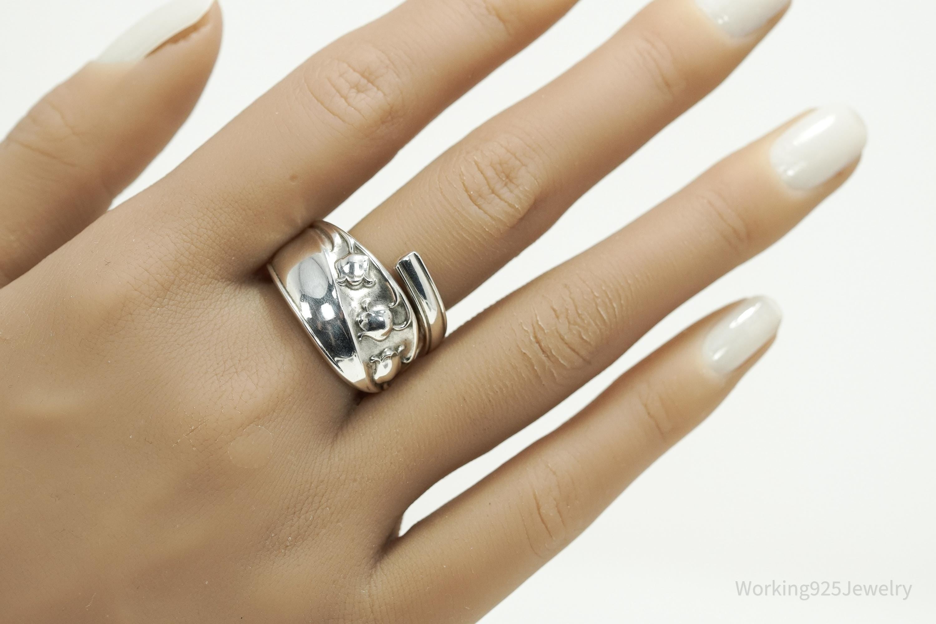 Antique Vintage Lily Of The Valley Sterling Silver Spoon Ring - Size 9.75