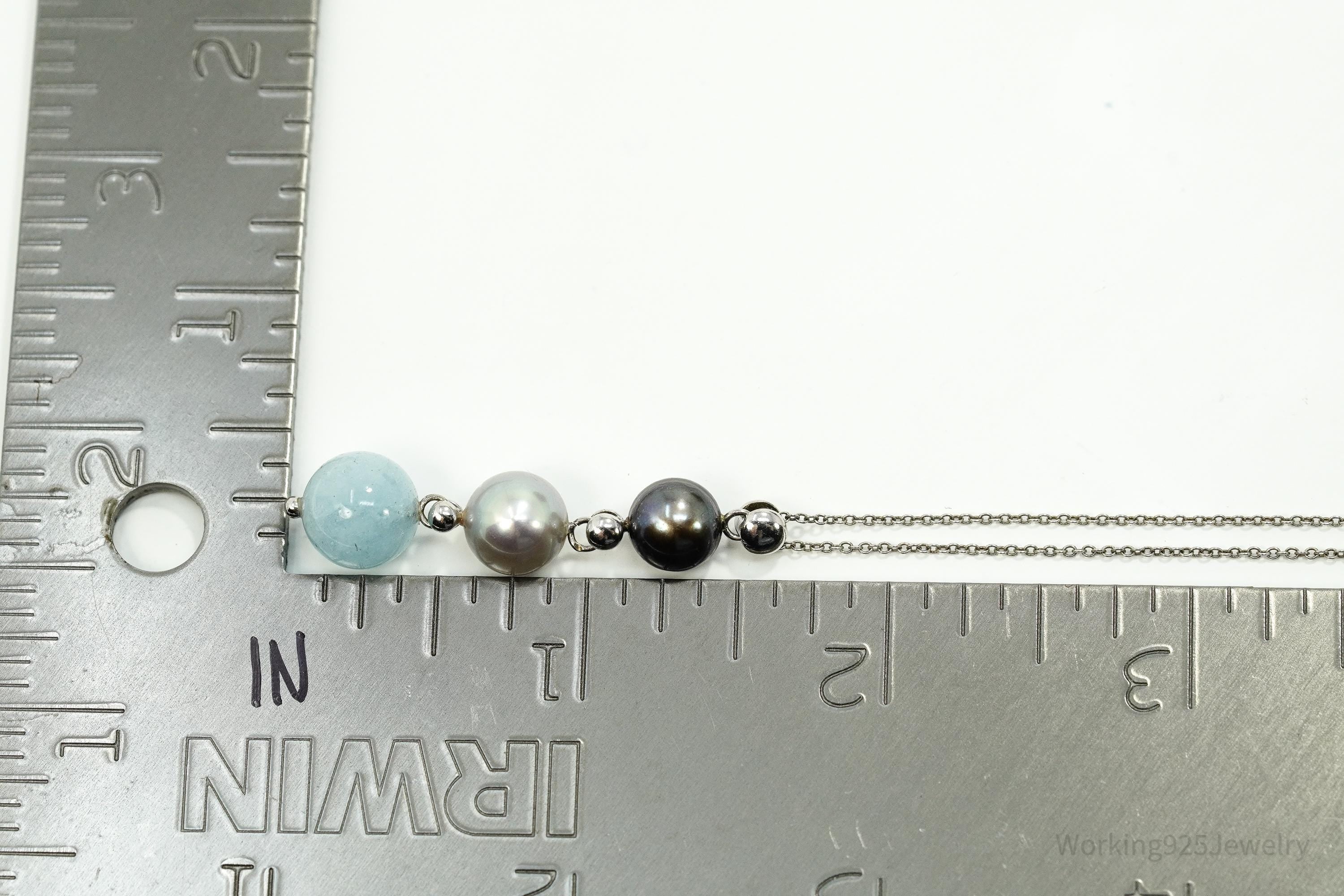 Vintage Pearl & Aquamarine Sterling Silver Necklace 18"