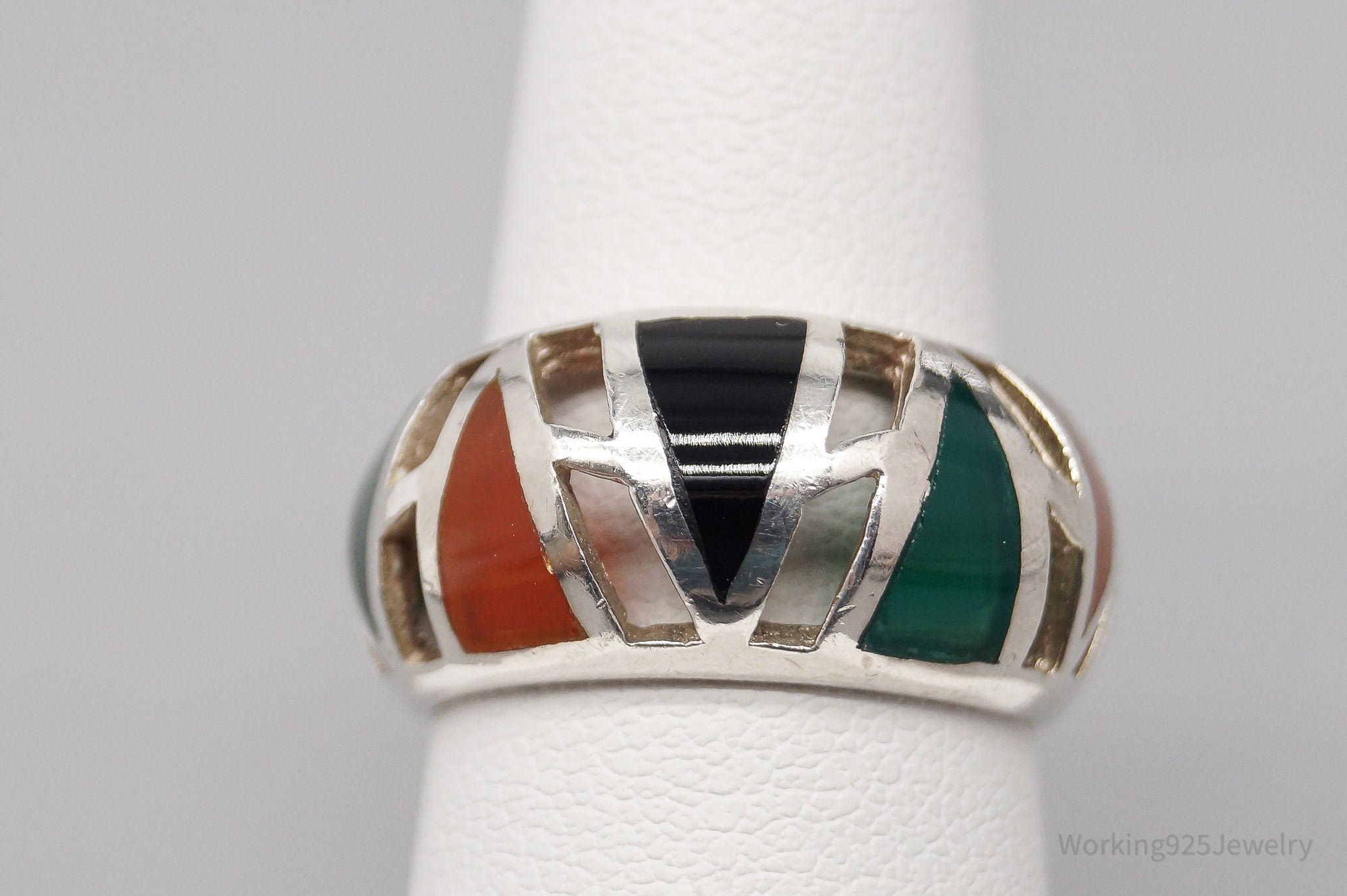 Vintage Multi Color Onyx Inlay Sterling Silver Ring - Size 6