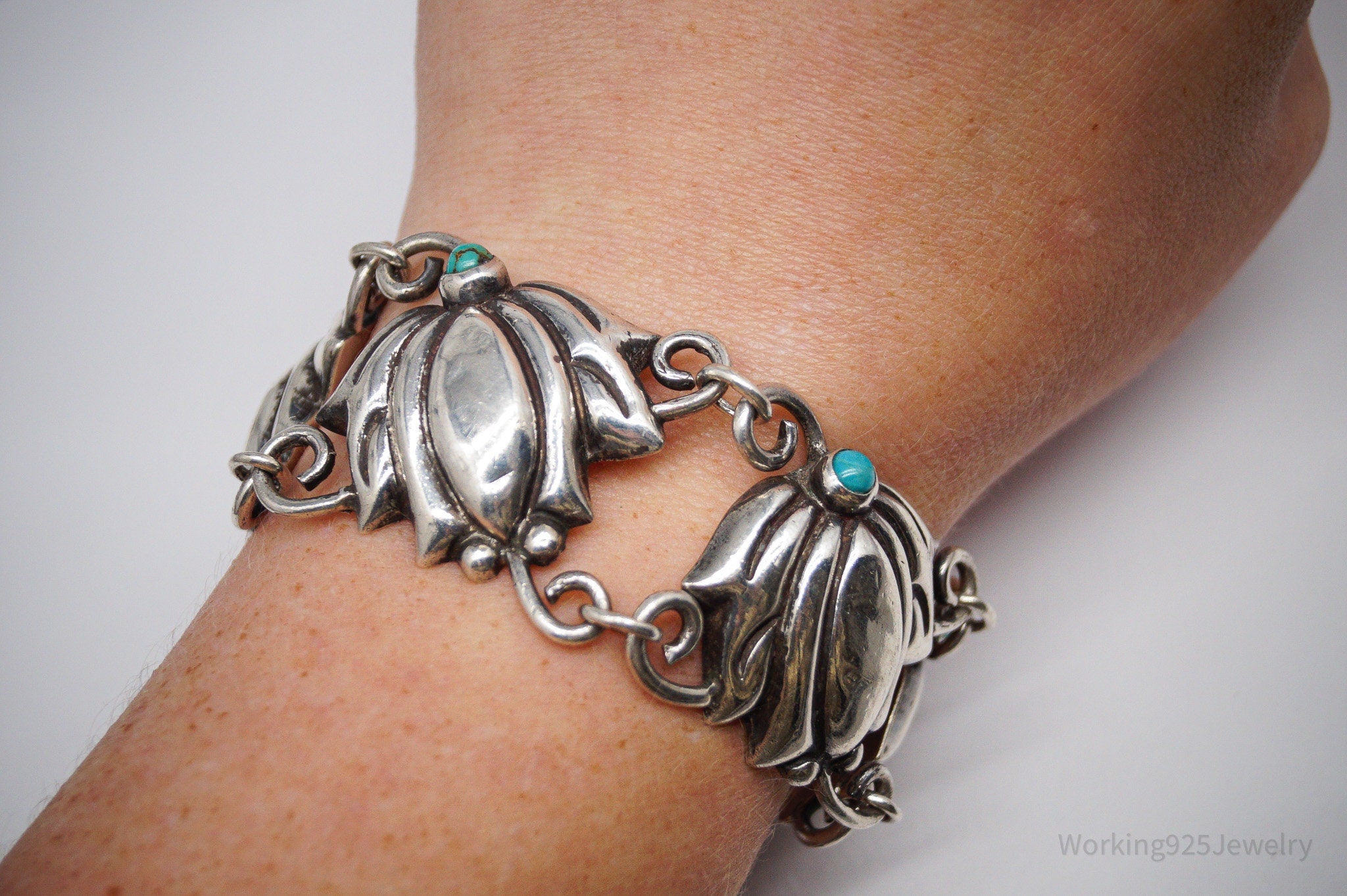 Vintage Mexico Blue Turquoise Inlay & Flowers Silver Bracelet - 7.75"