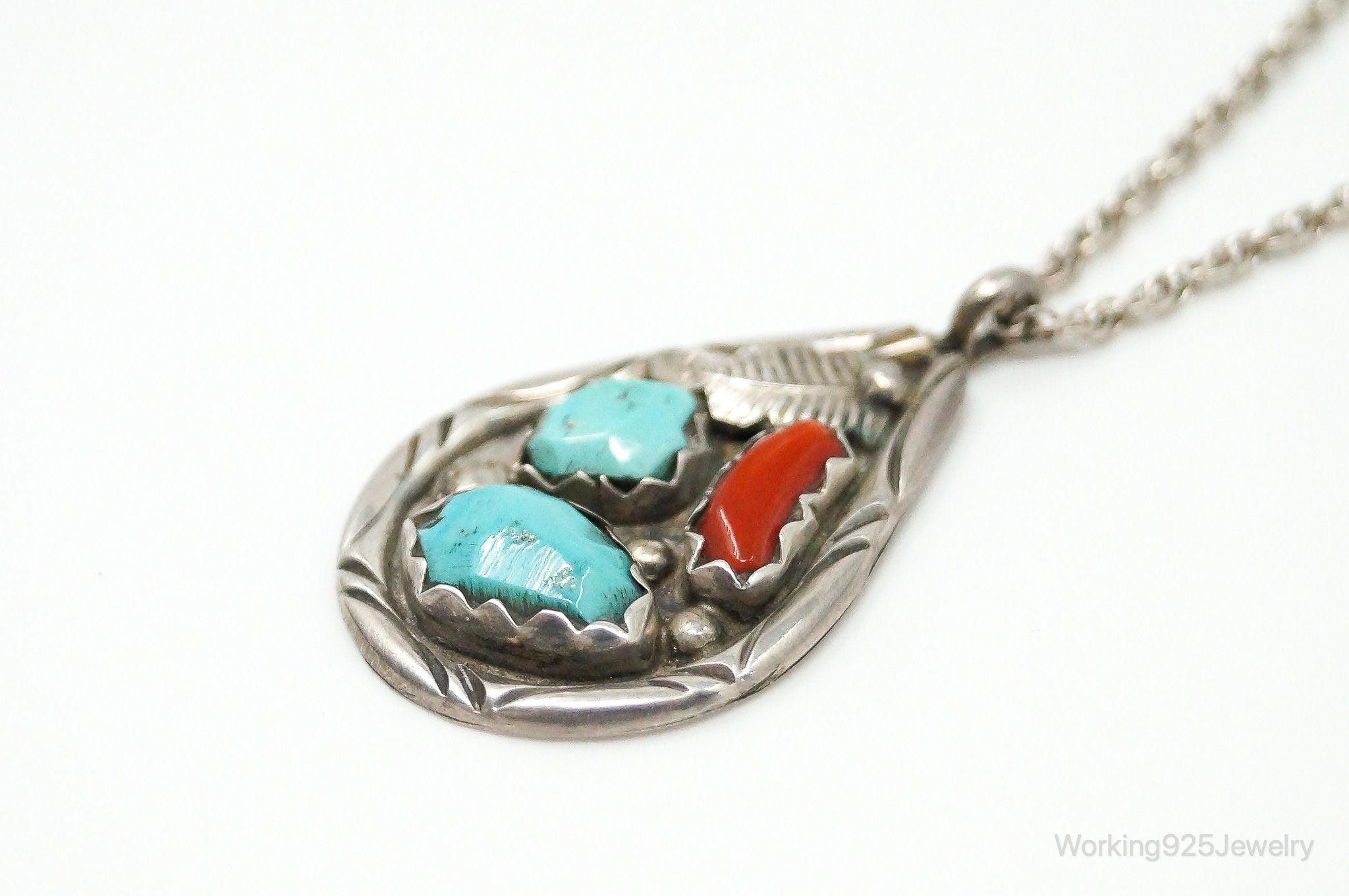 VTG Native American Afonso Penketewa Turquoise Coral Sterling Silver Necklace