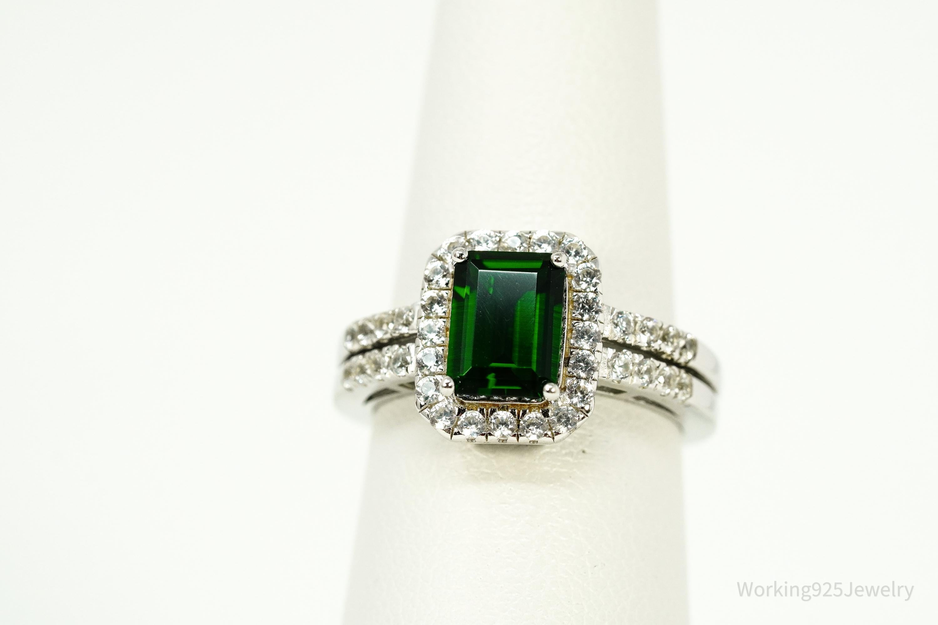 Vintage Emerald & White Topaz Sterling Silver Ring - Size 6