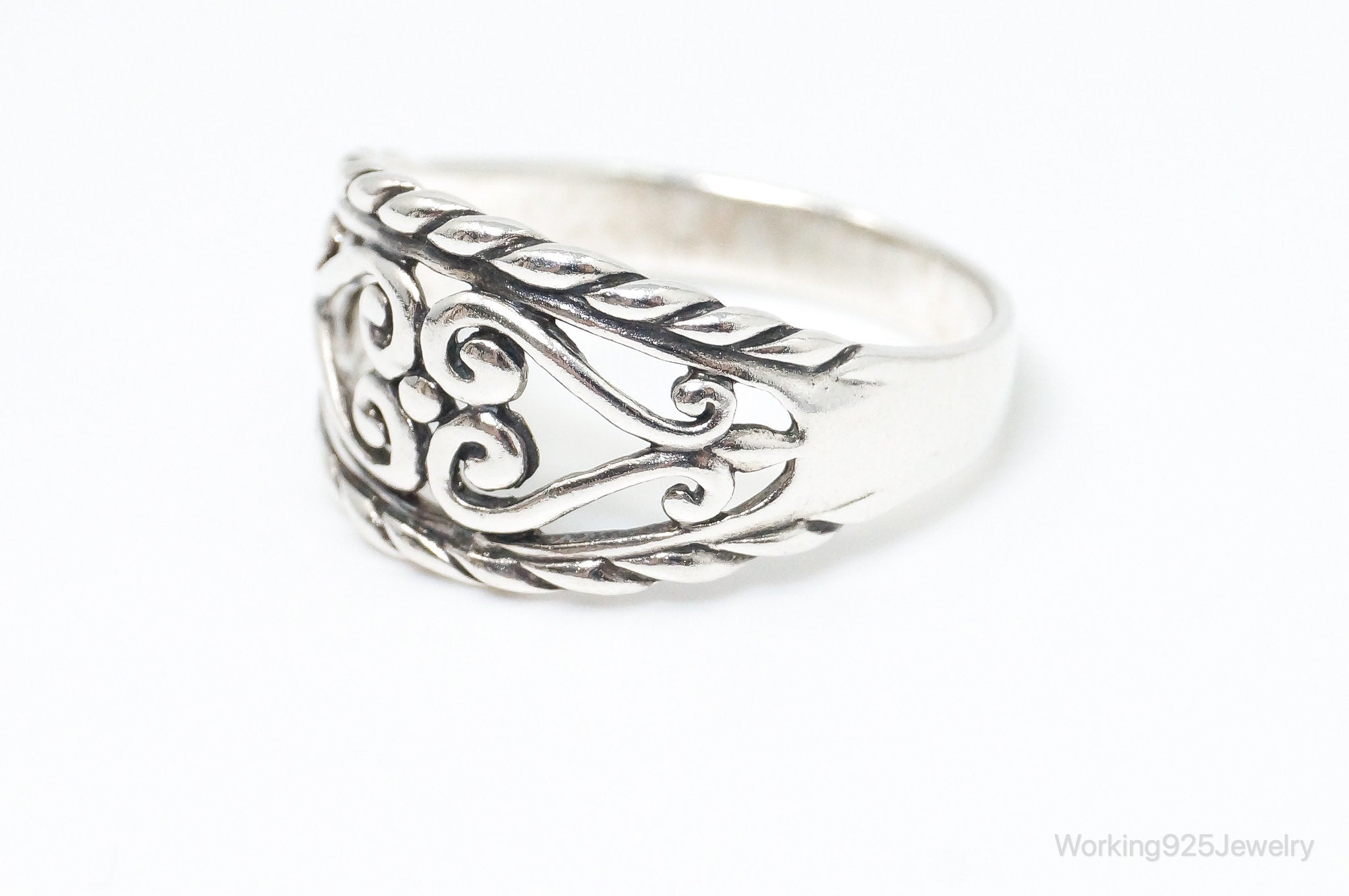 Vintage Scroll Hearts Sterling Silver Band Ring - SZ 8