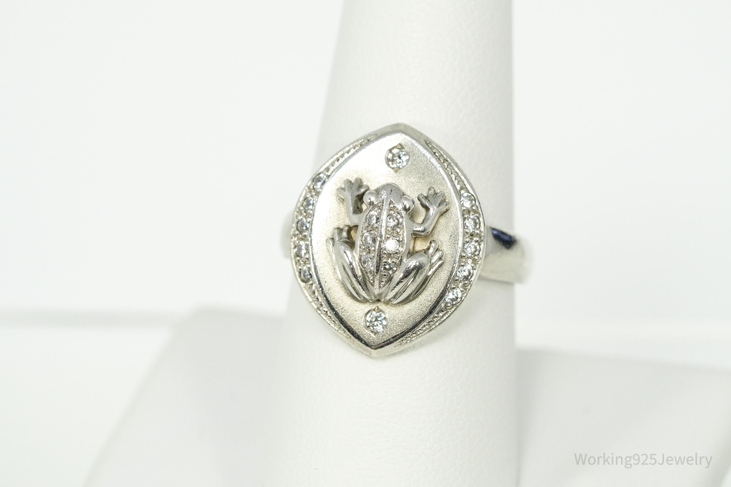Vintage Frog Cubic Zirconia Sterling Silver Ring - Size 8.25