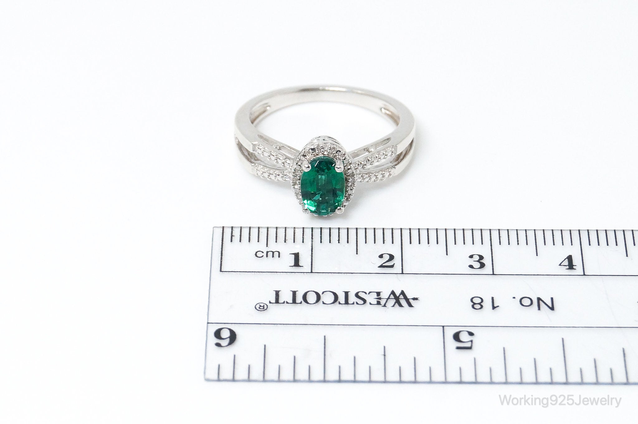 Vintage Simulated Emerald CZ Accented Sterling Silver Ring SZ 7