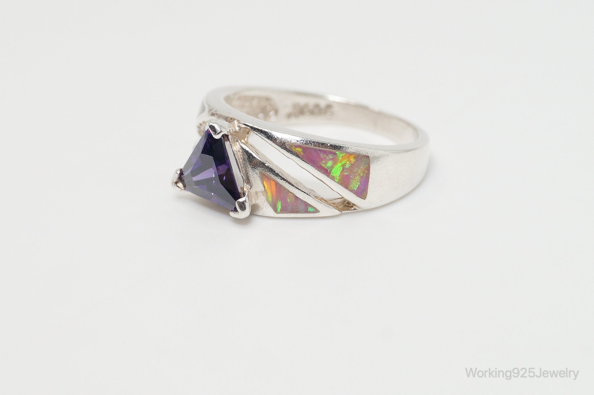 Vintage Mexico Purple CZ Ribbon Opal 950 Silver Ring - Size 7.25