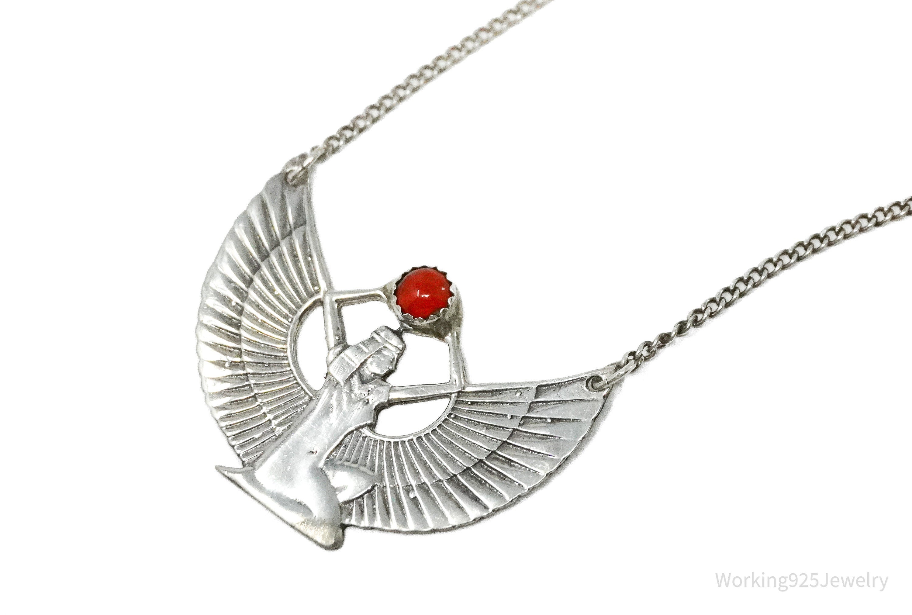 Vintage Egyptian Winged Goddess Isis Red Stone Sterling Silver Necklace 16"