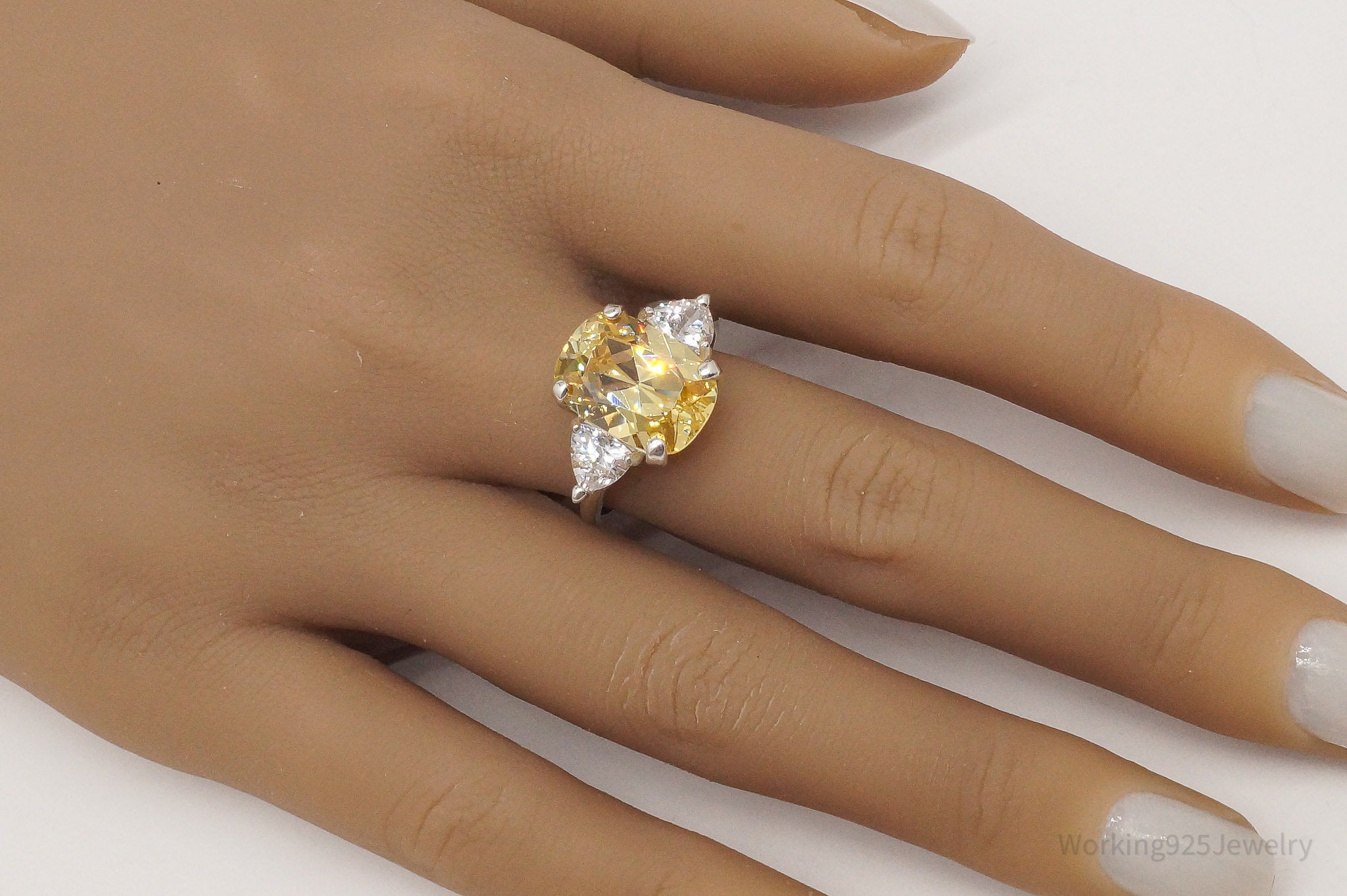 Vintage Large Yellow & White Cubic Zirconia Sterling Silver Ring - Size 9.75