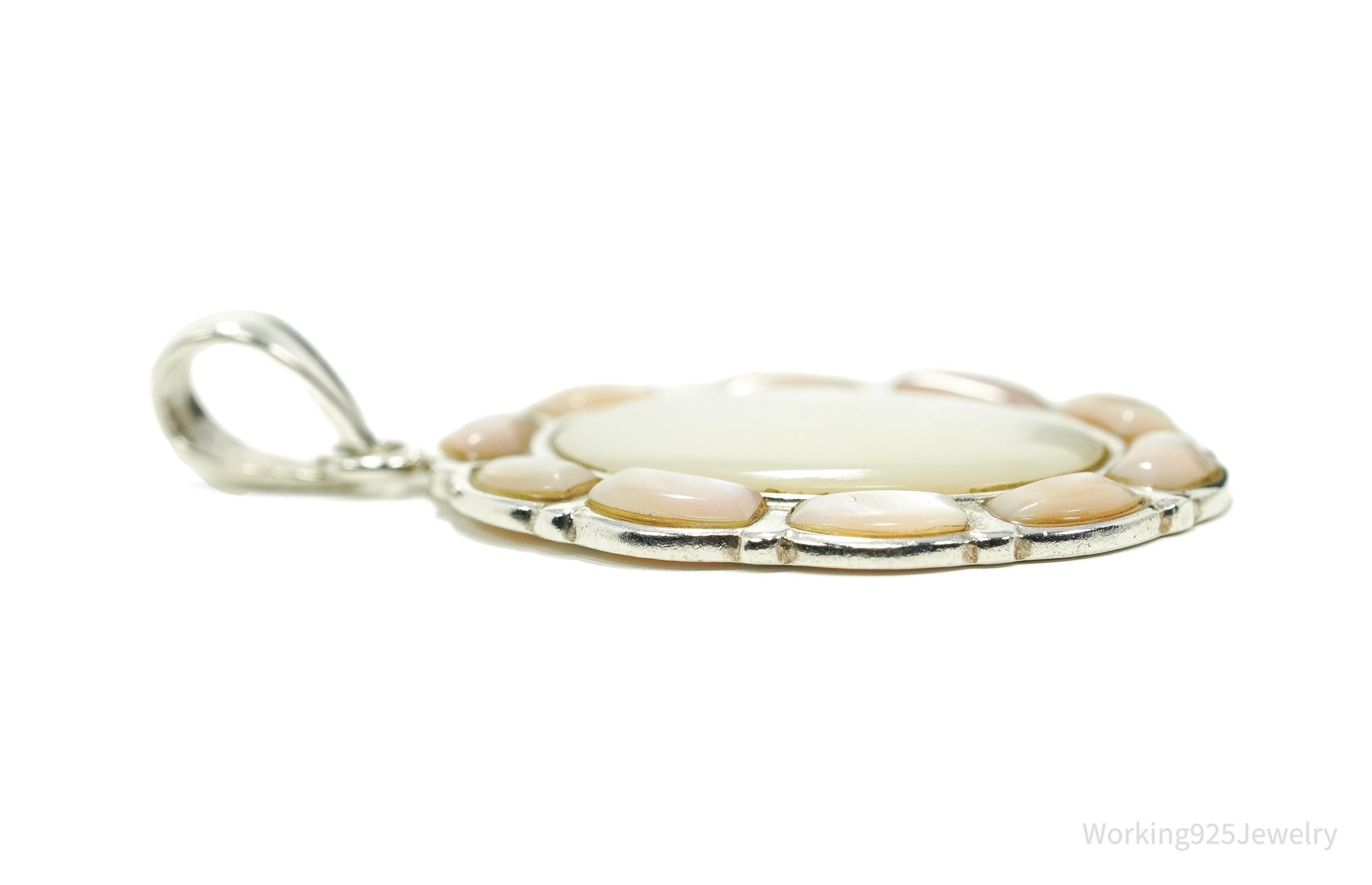 Vintage Large Mother Of Pearl Inlay Sterling Silver Pendant