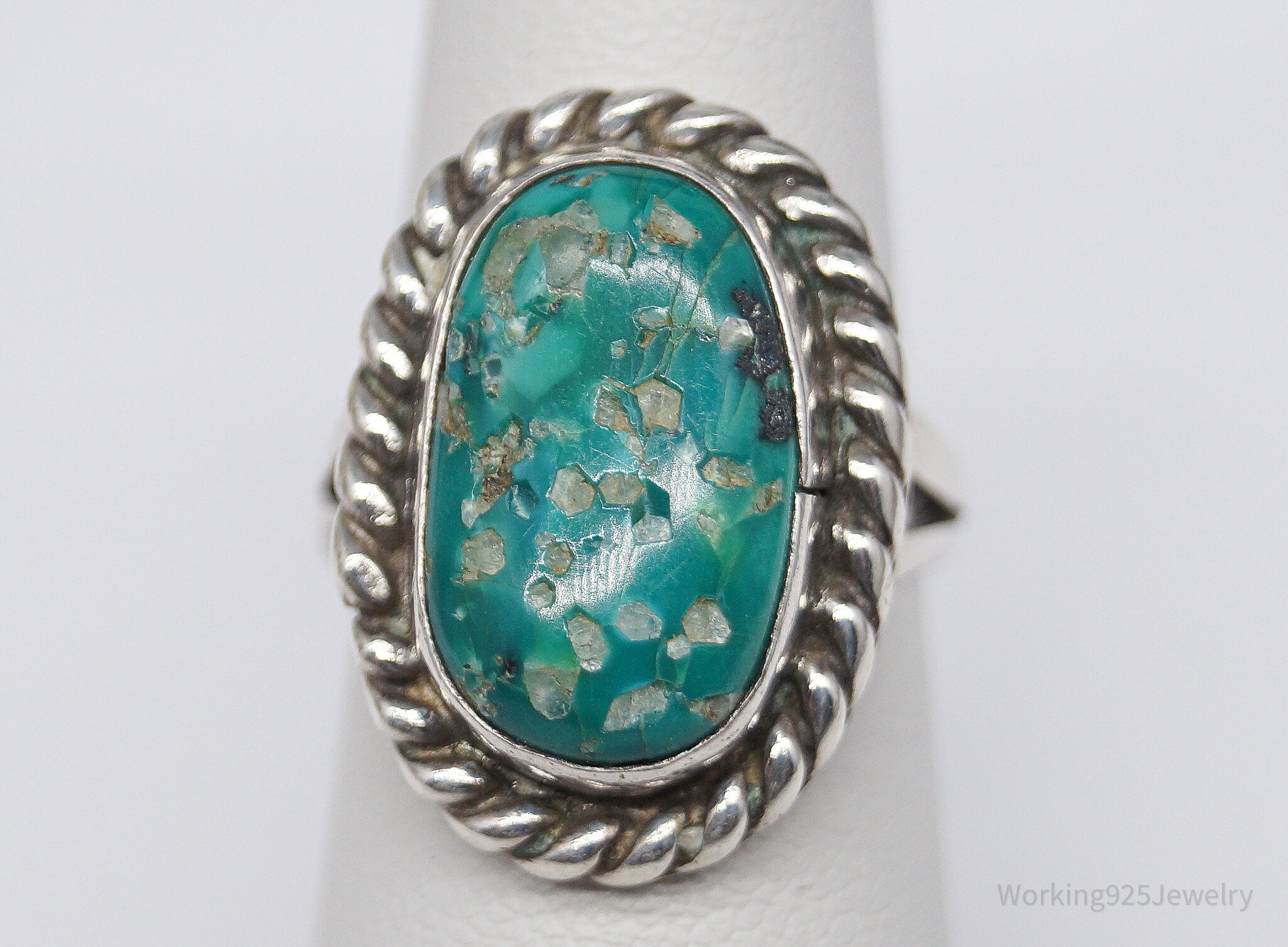 Vintage Native American Turquoise Unsigned Silver Ring - Size 6.25