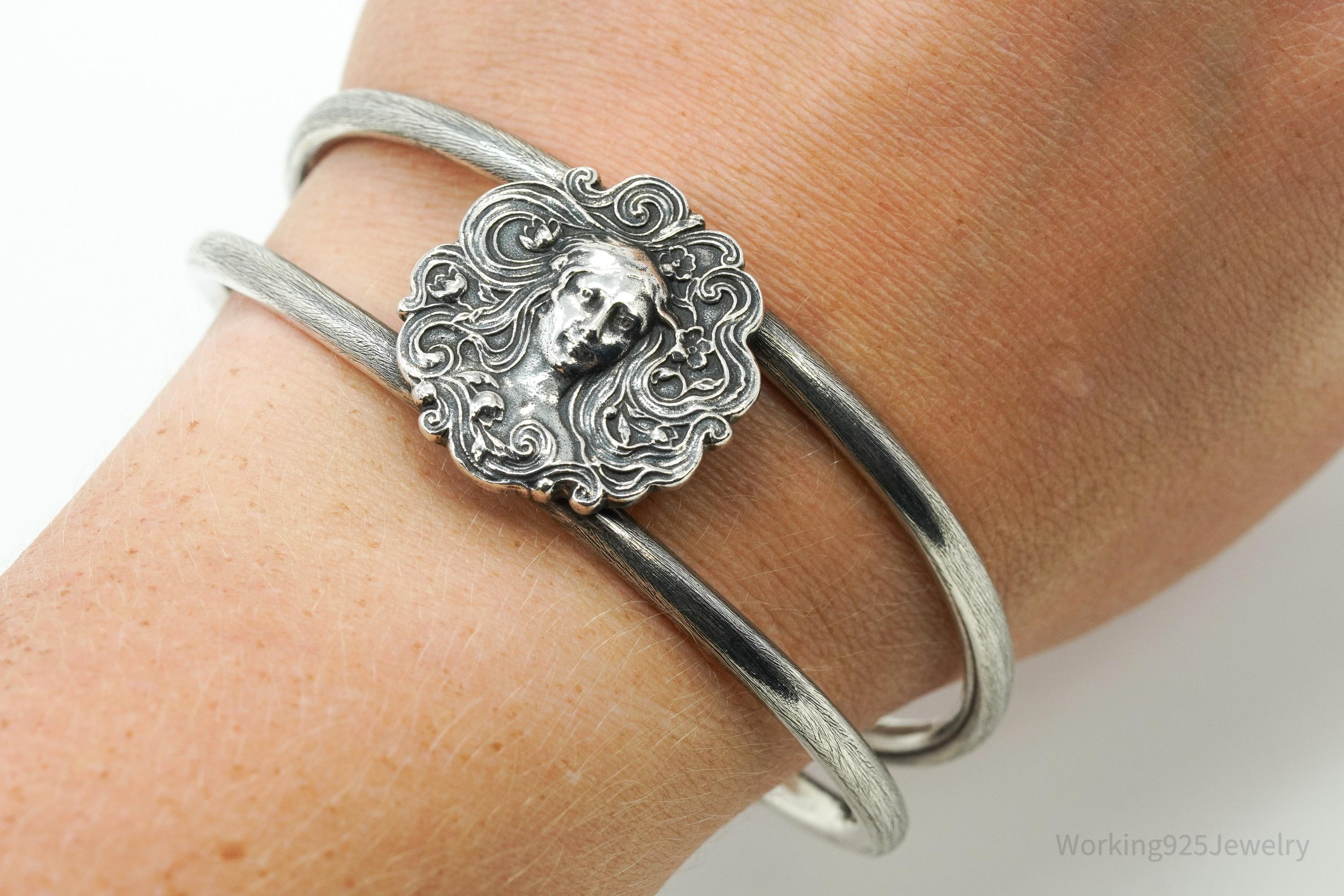 Vintage Art Nouveau Style Sterling Silver Cuff Bracelet 7.5"