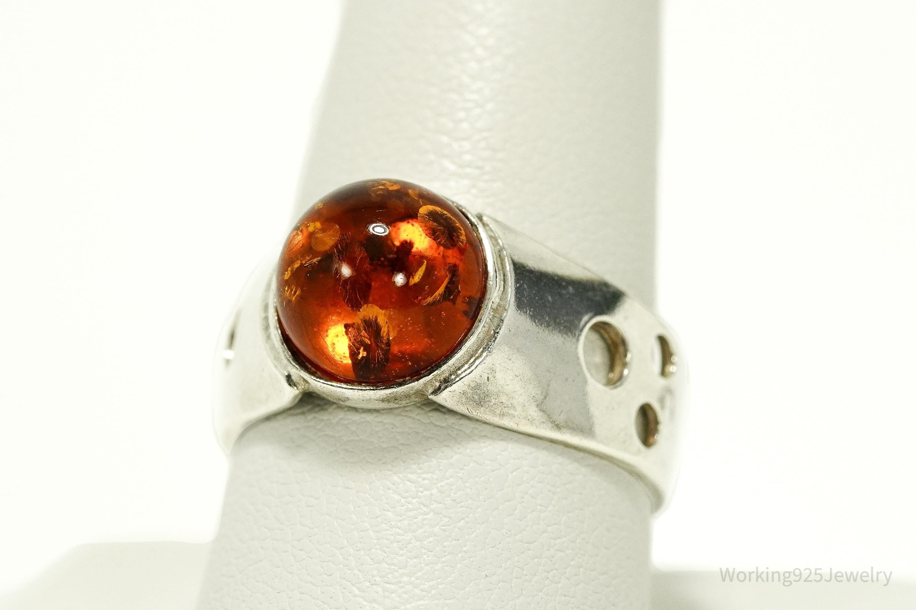 Vintage Amber Modernist Style Sterling Silver Ring - Size 10