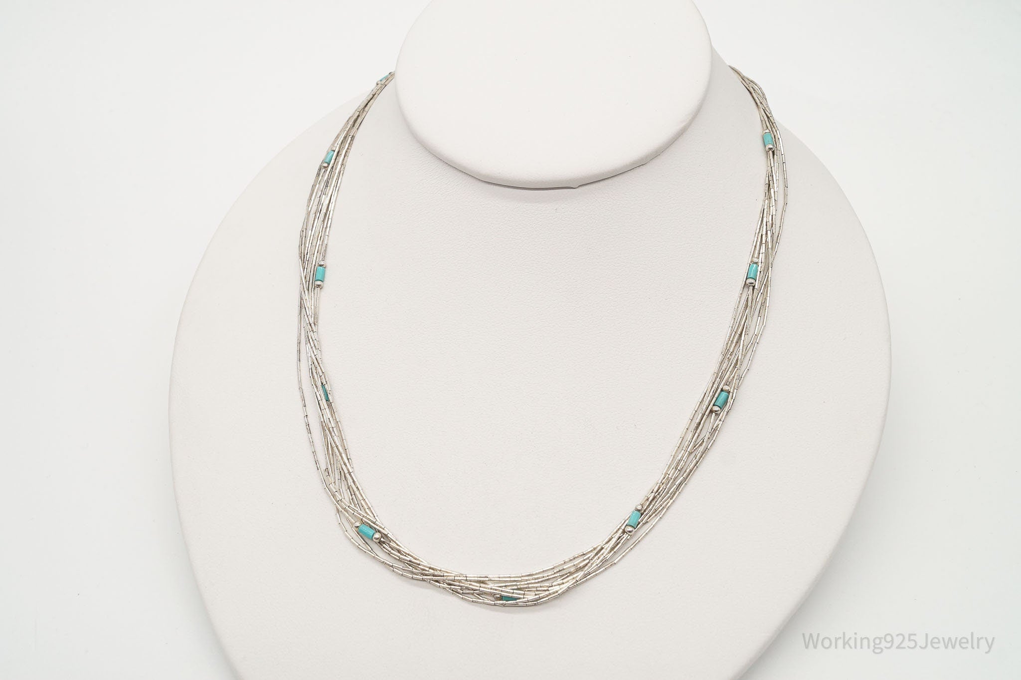 Vintage Native American Blue Turquoise Sterling Silver Bead Necklace 22"