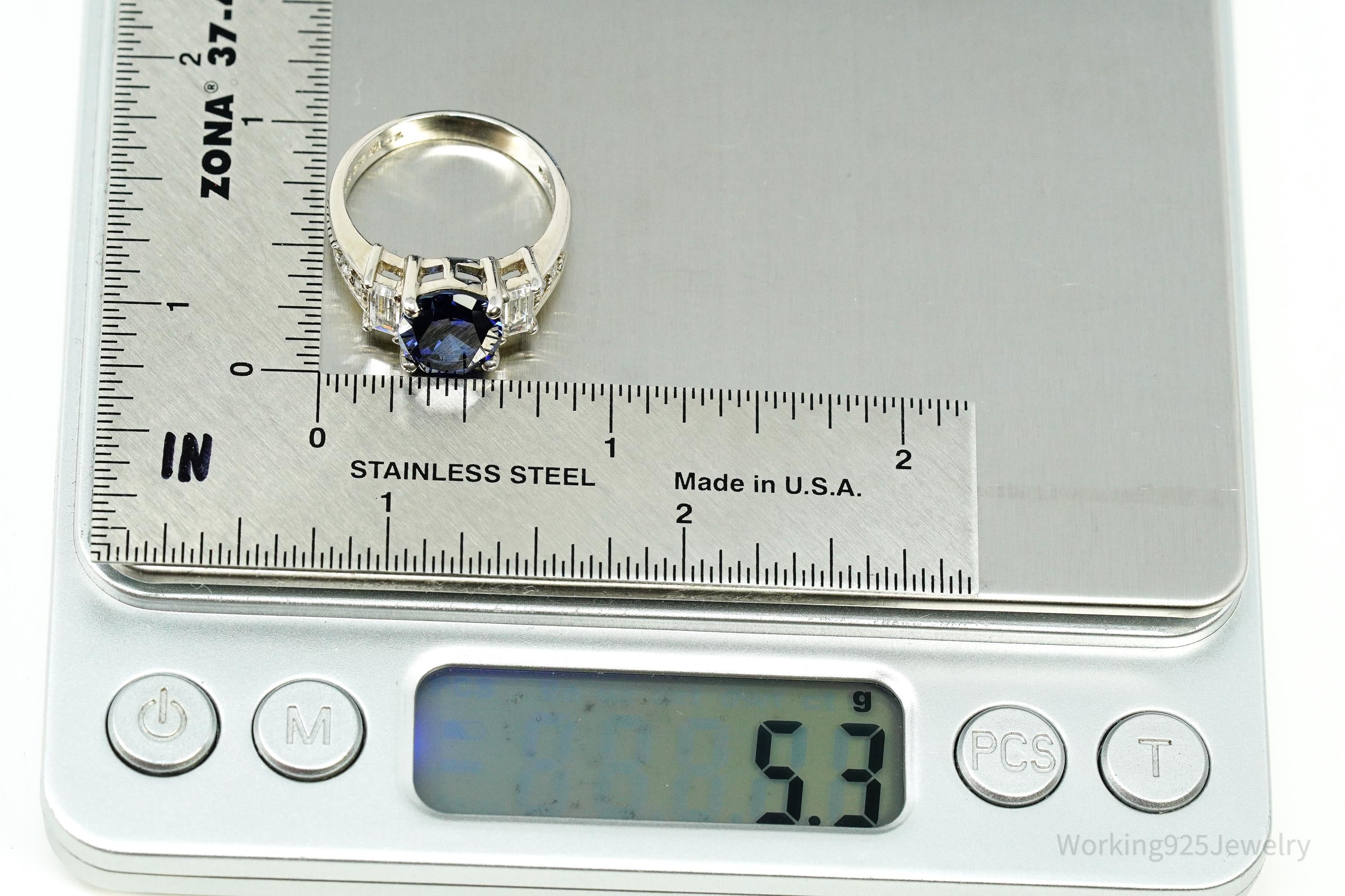 Vintage Lab Sapphire & Diamonique Cubic Zirconia Sterling Silver Ring - Size 8.25