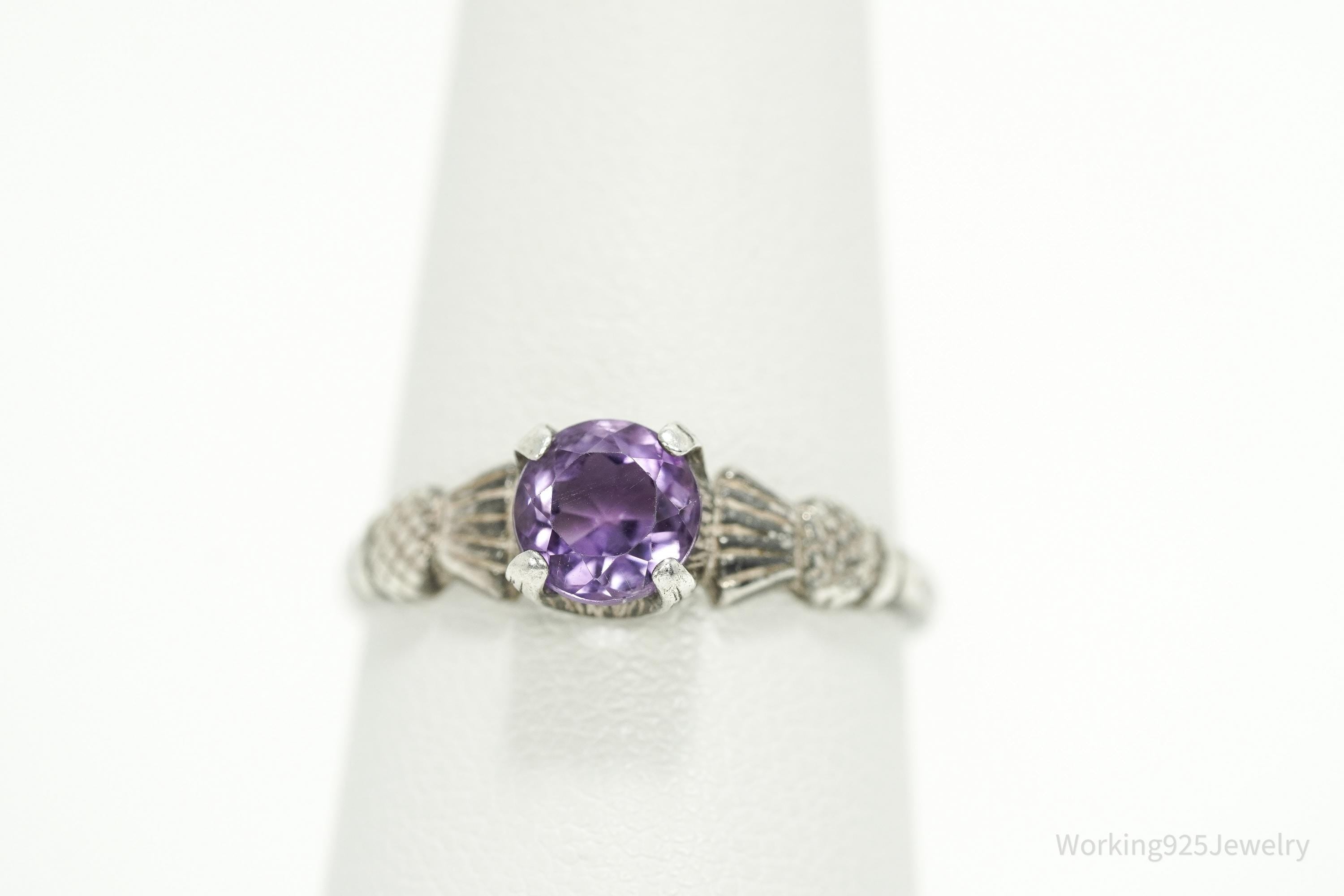 Vintage Amethyst Scottish Thistle Sterling Silver Ring - Size 7