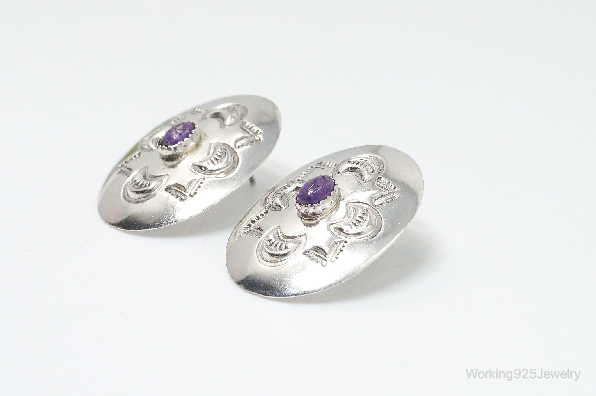 Vintage Native American Handmade Charoite Sterling Silver Earrings