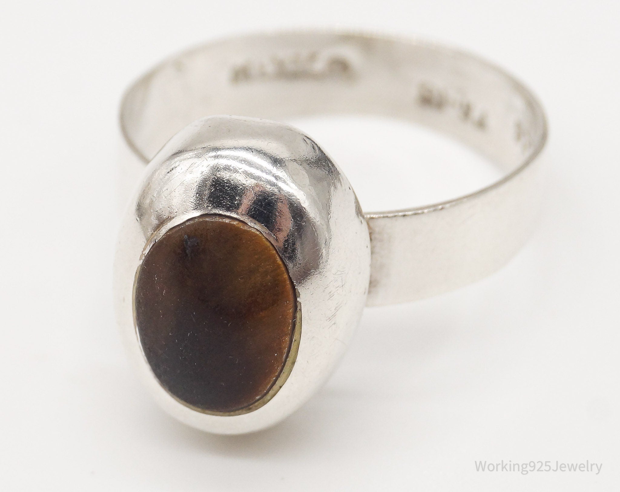 Vintage Mexico Tigers Eye Modernist Style Sterling Silver Ring - Size 11.25