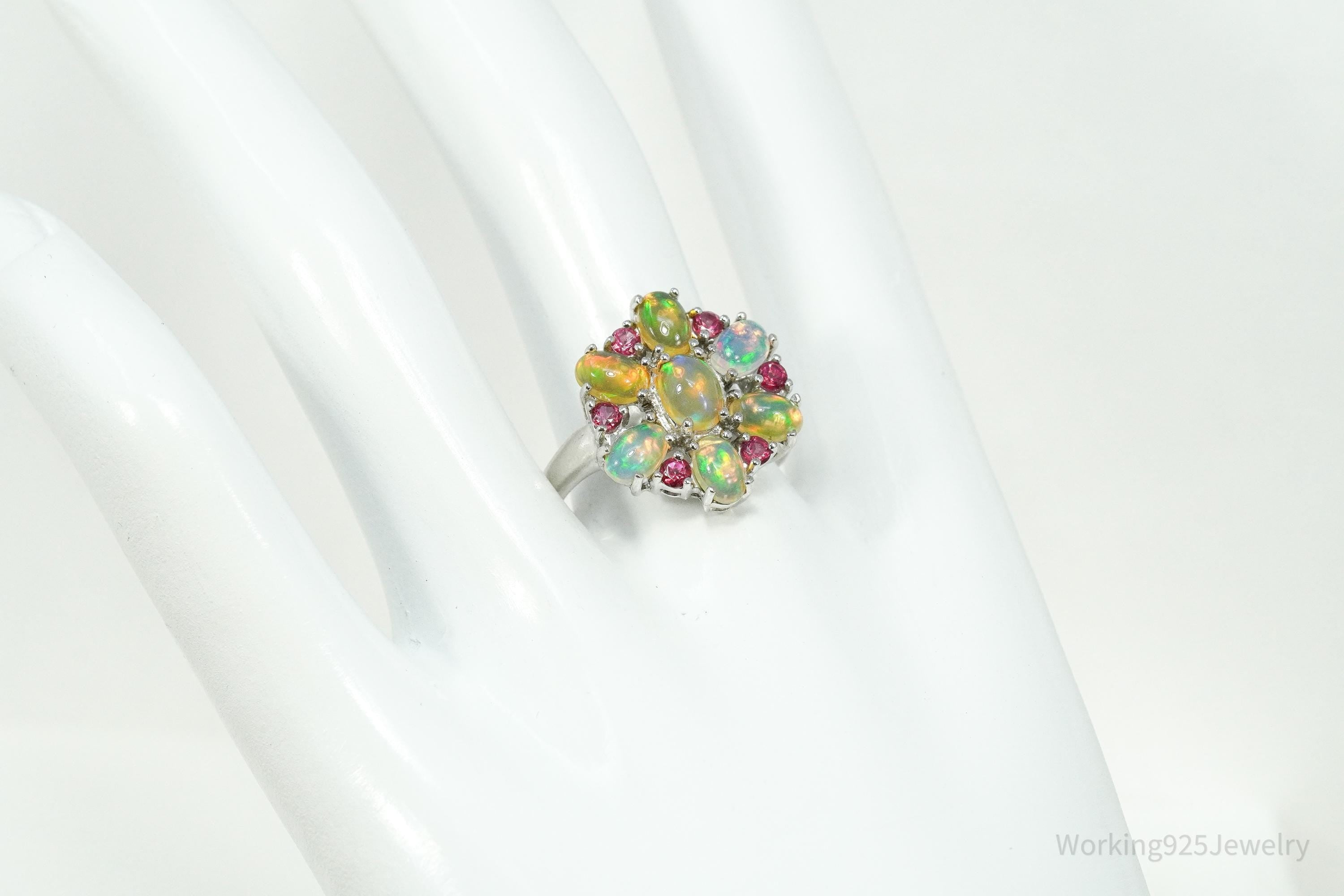 Vintage Opal & Pink Topaz Sterling Silver Ring - Size 9