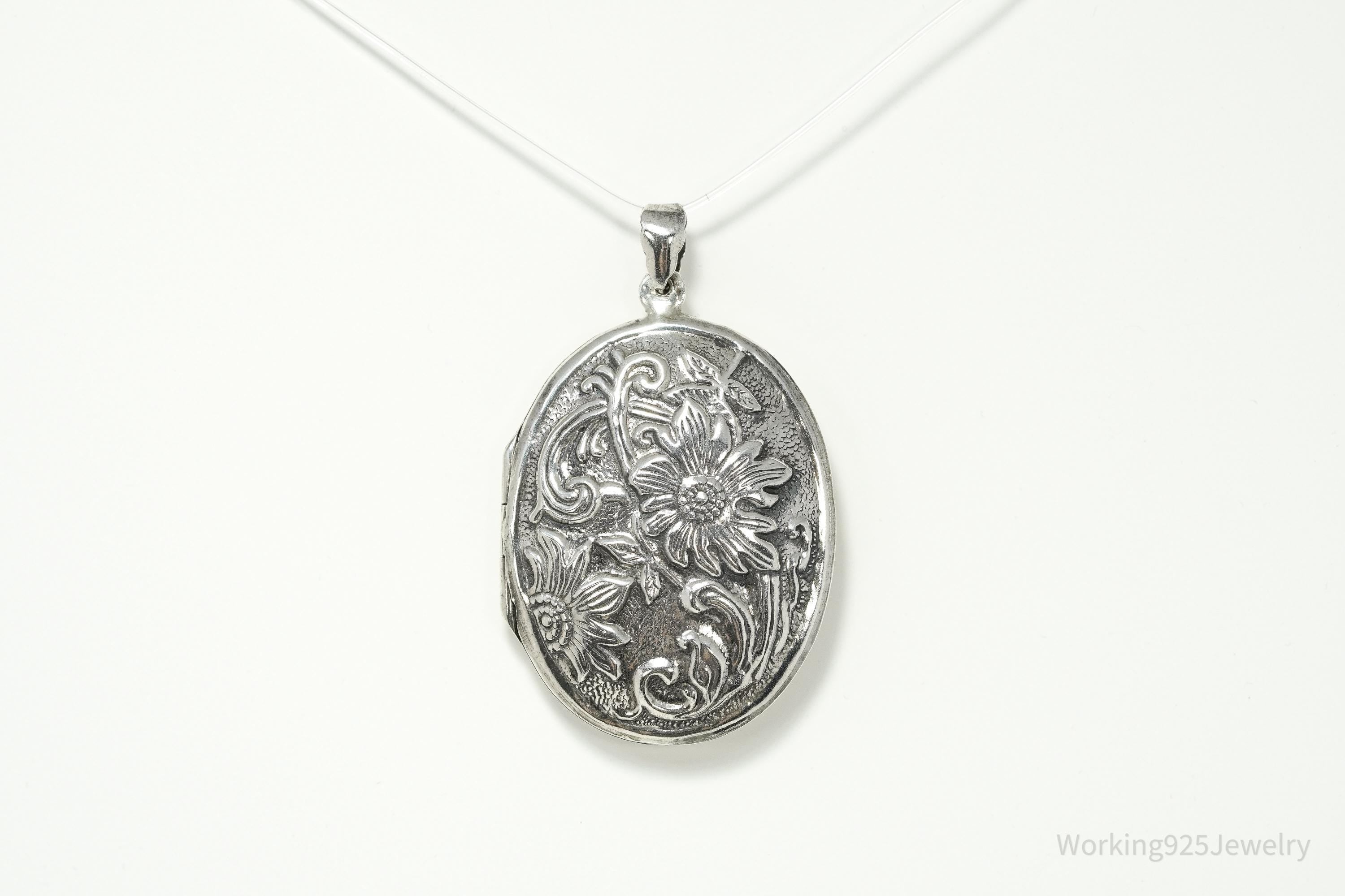 Vintage Sterling Silver Locket • Large Floral Repoussé Oval Photo Pendant