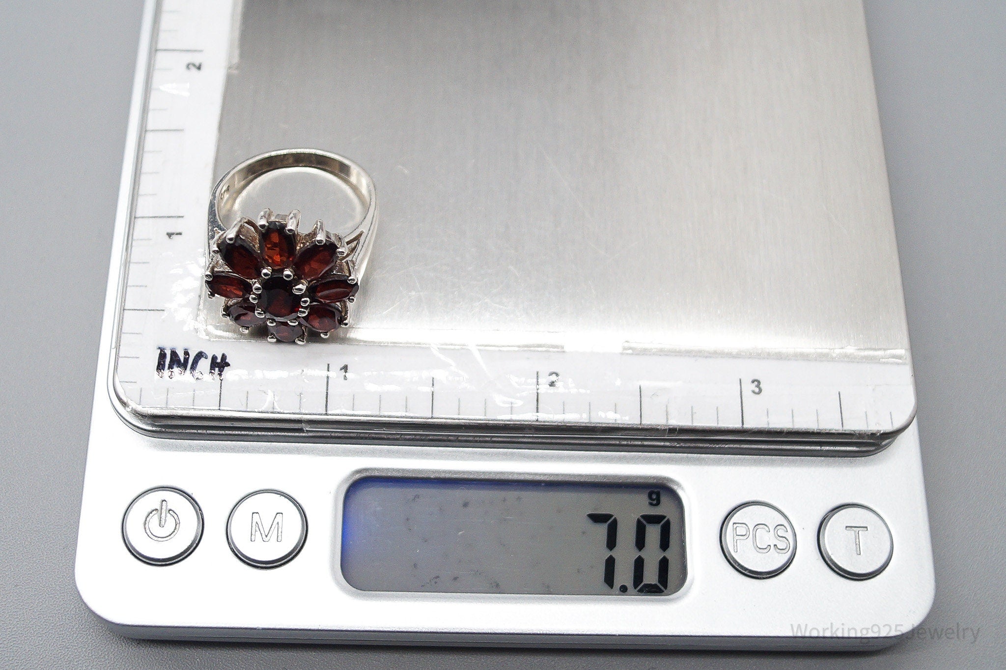 Vintage Garnet Flower Sterling Silver Ring - Size 8.25