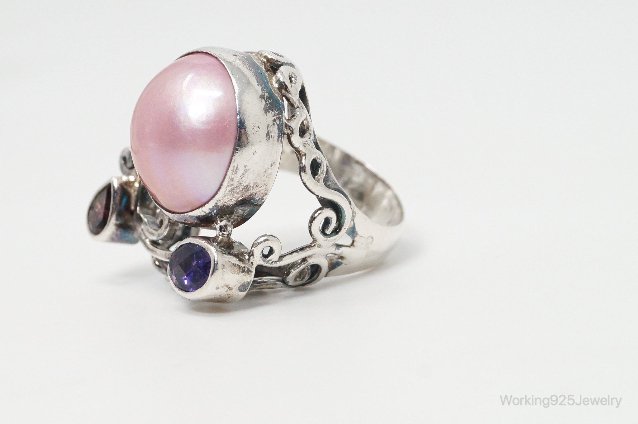 Designer BC Pink Pearl Amethyst Garnet Sterling Silver Statement Ring SZ 6.25