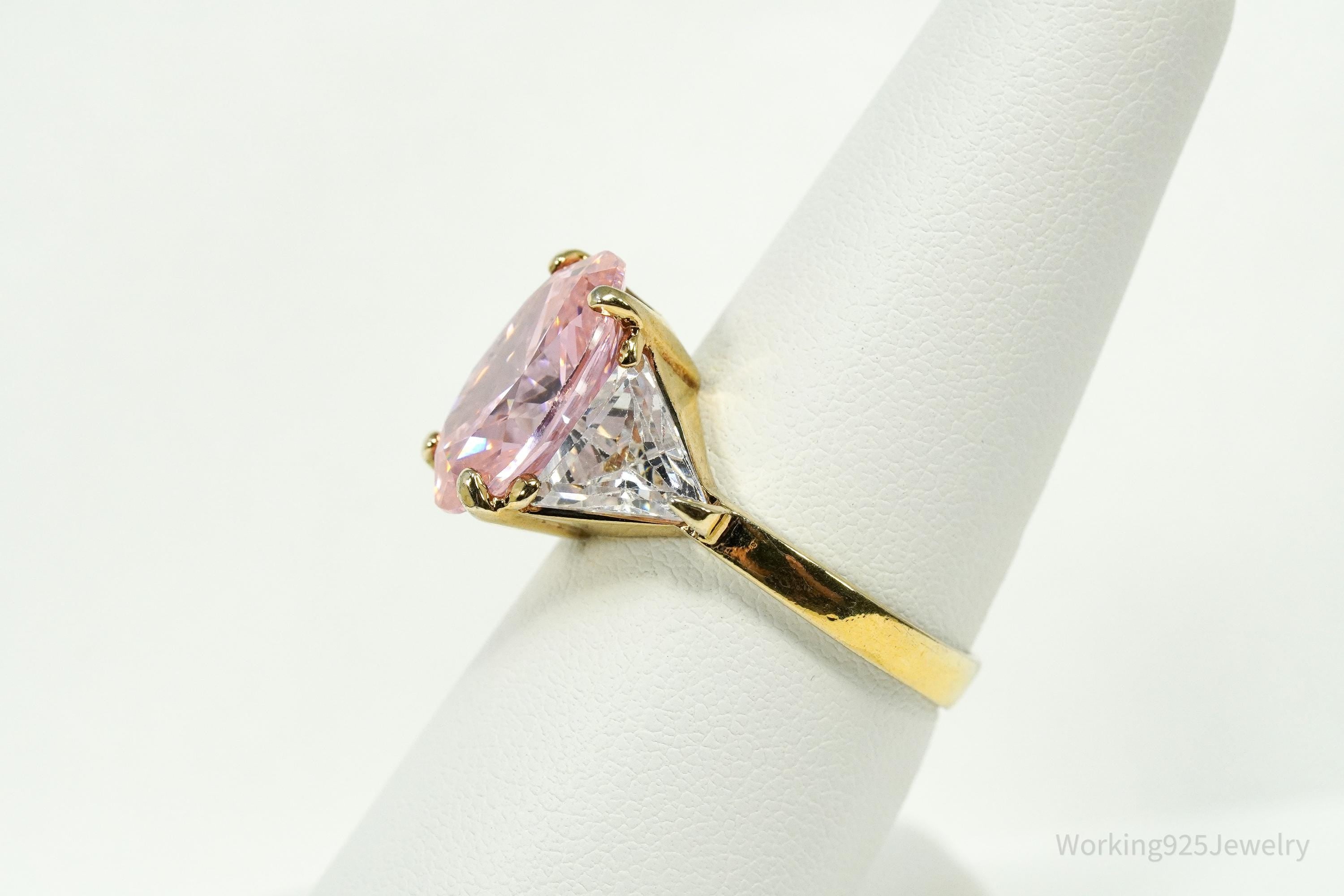 Vintage EDCO Pink & White Cubic Zirconia Gold Vermeil Sterling Silver Ring Size 8
