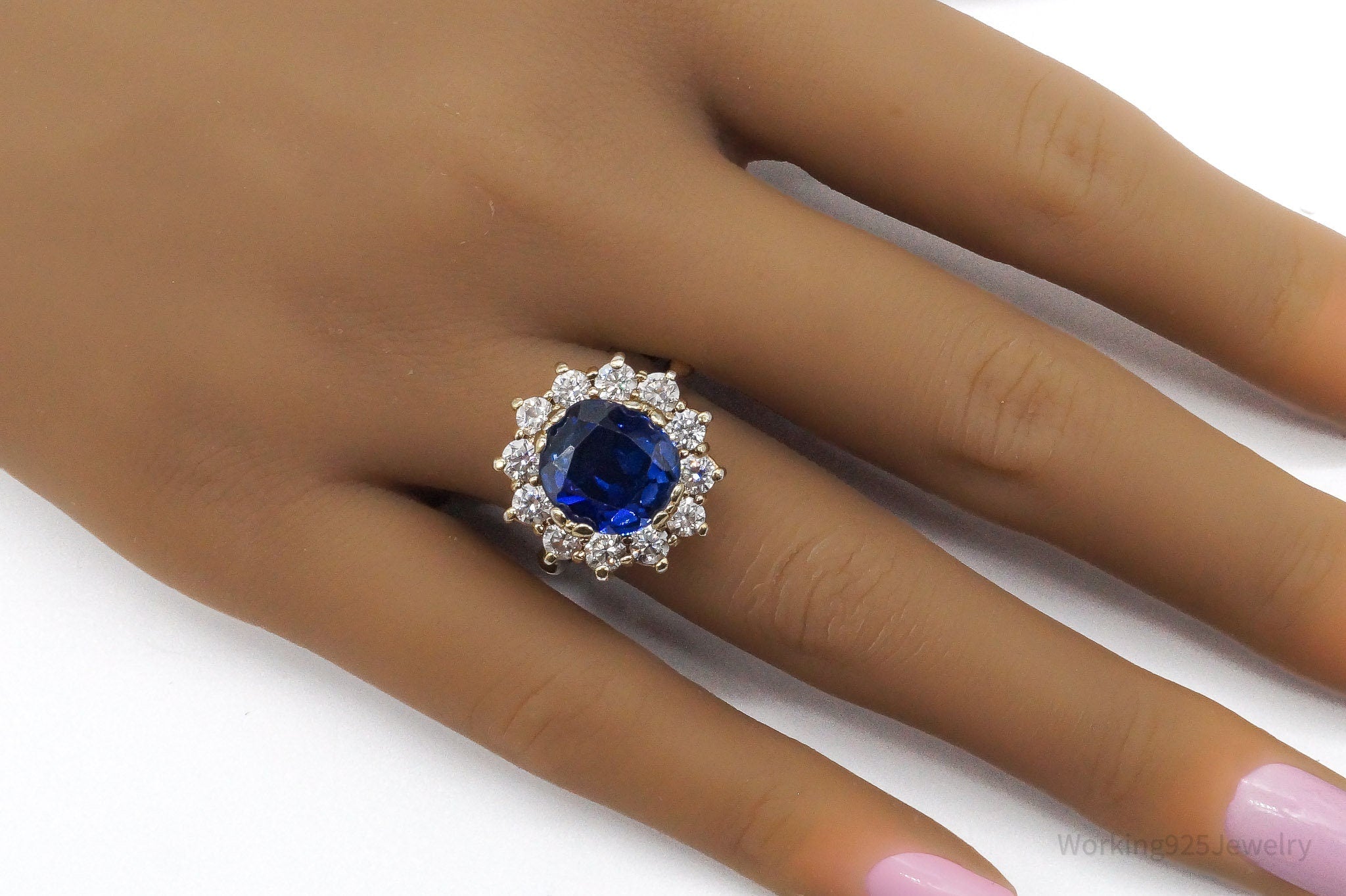 Vintage Lab Sapphire Cubic Zirconia Gold Over Sterling Silver Ring Size 7.5