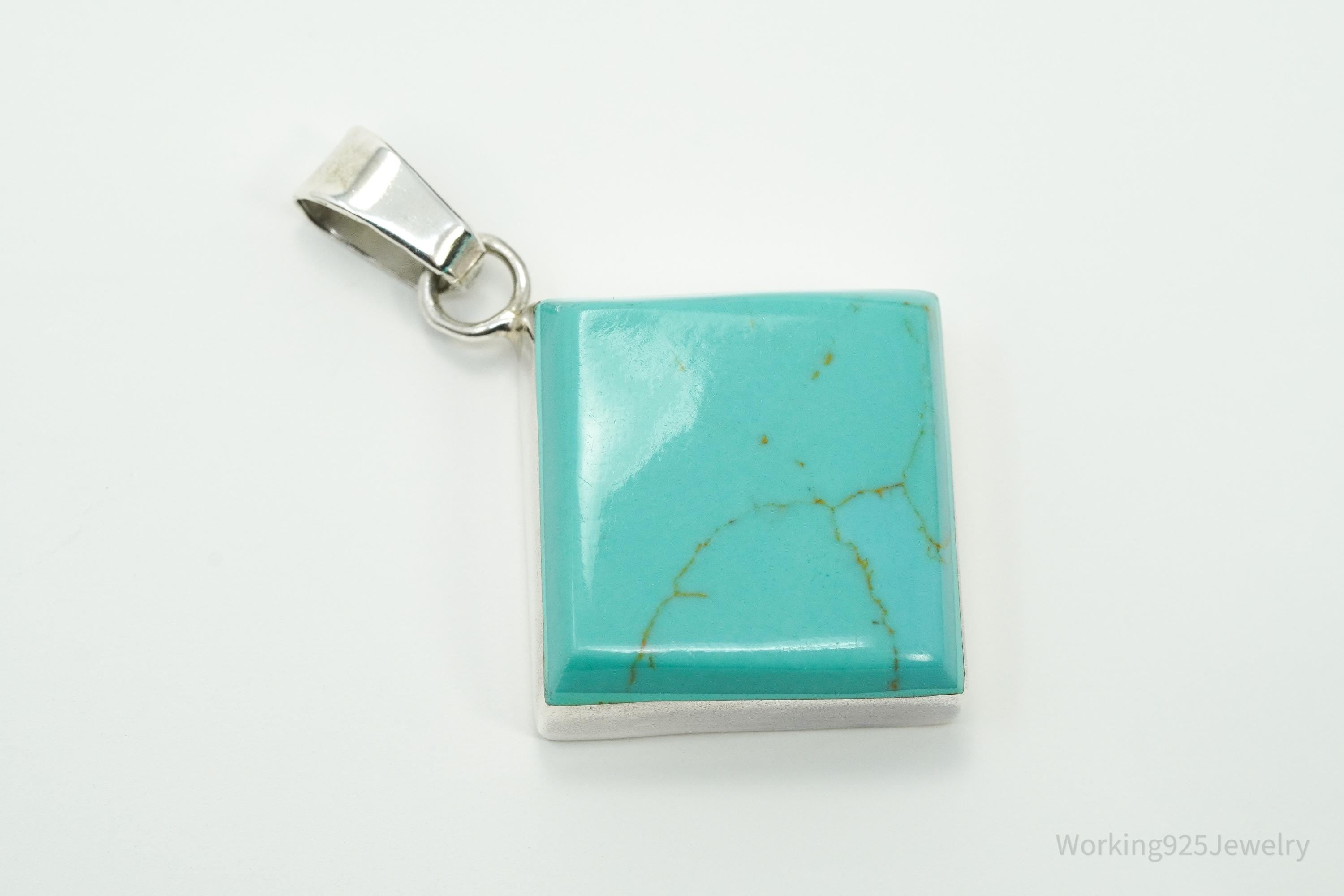 Vintage Turquoise Square Sterling Silver Necklace Pendant