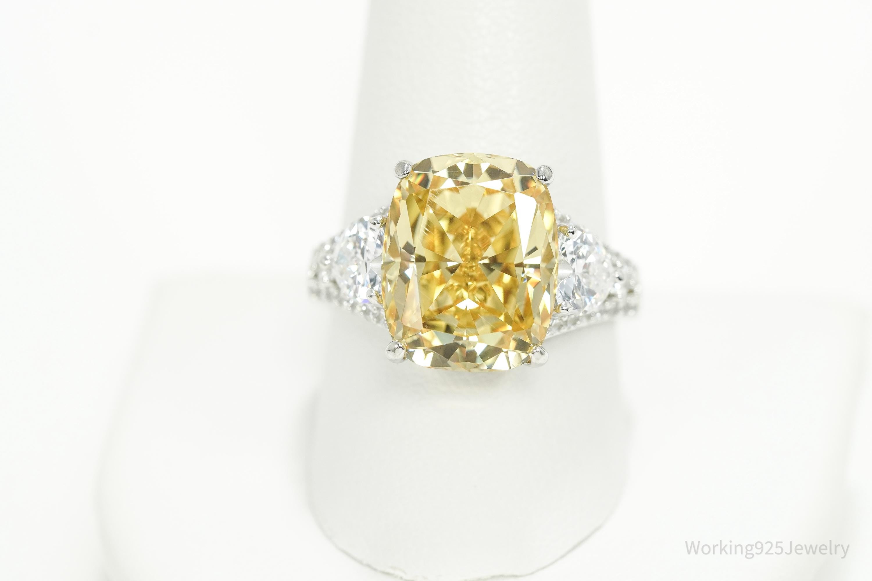Vintage Large Yellow & White Cubic Zirconia Sterling Silver Ring - Size 10.25