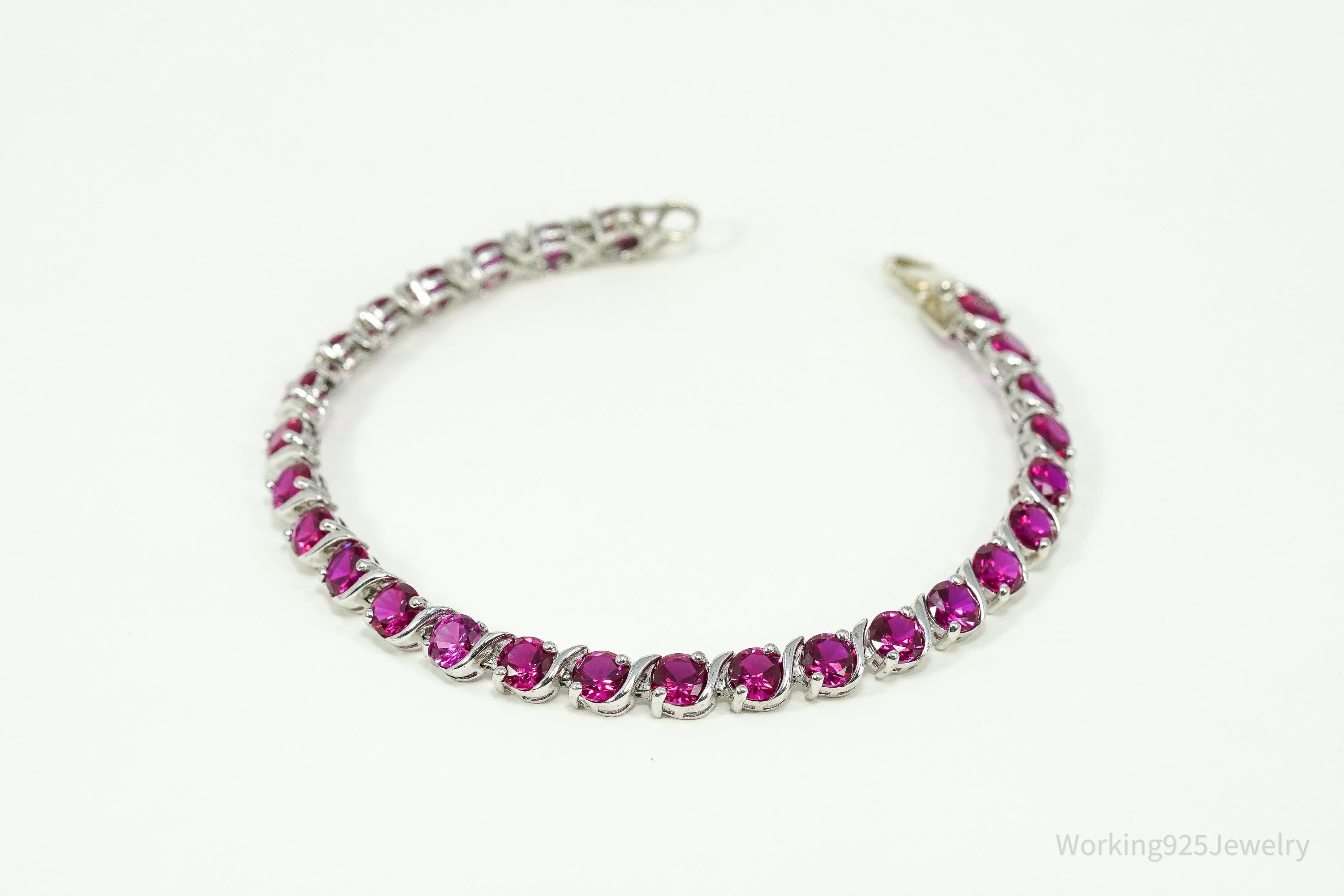 Vintage Lab Treated Ruby Sterling Silver Tennis Bracelet 7 5/8"
