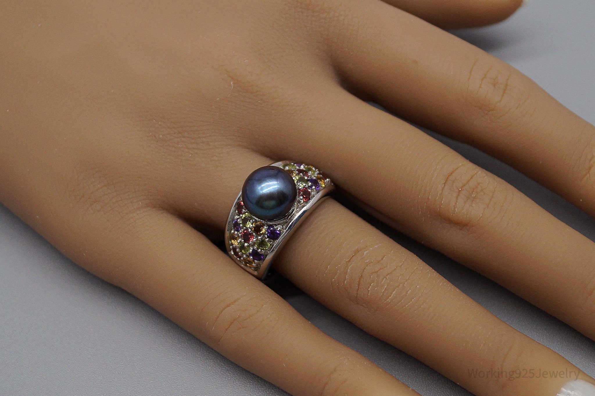 Vintage Designer Pearl & Multi Gem Sterling Silver Ring - Size 8