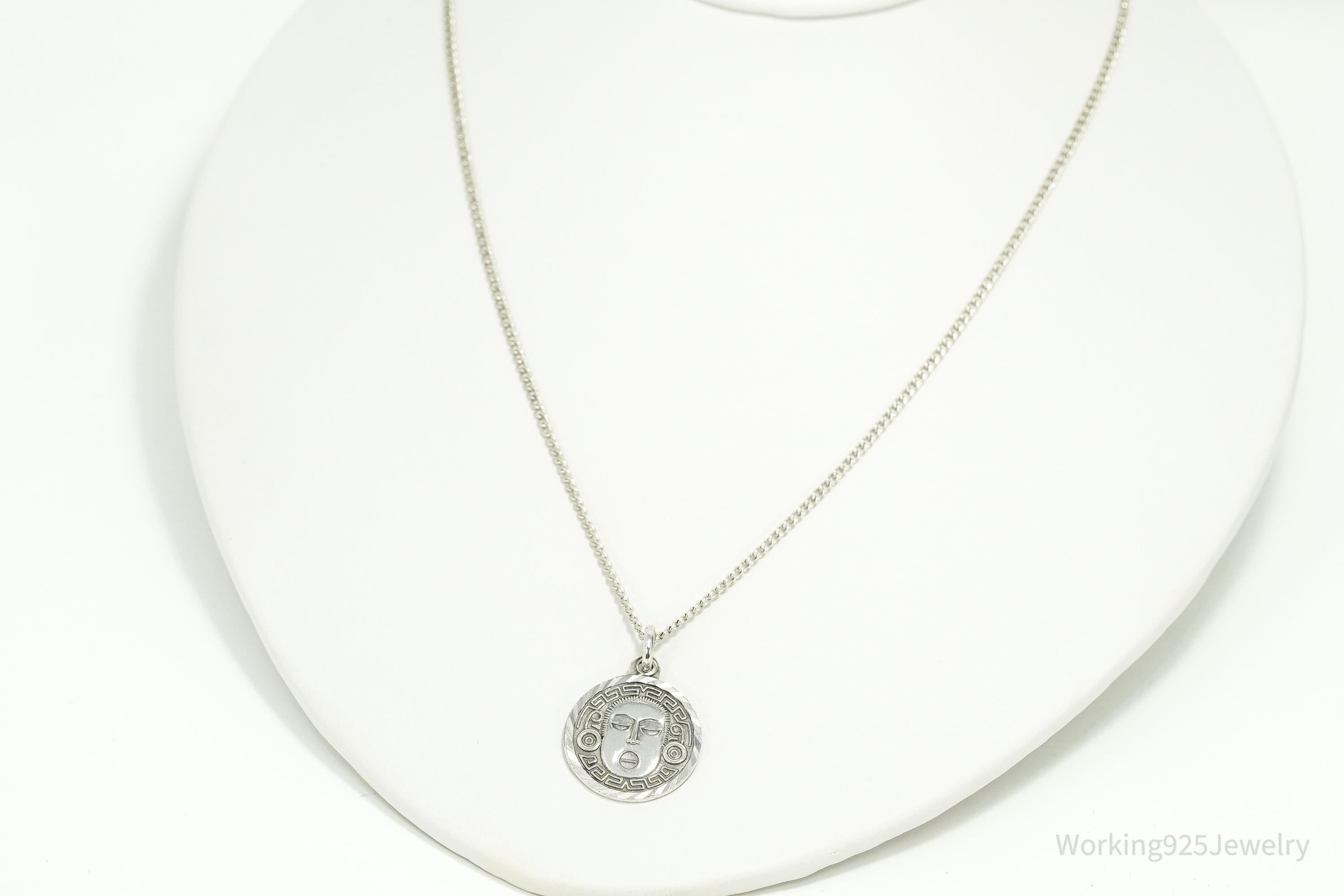 Vintage Mexico Mayan Medallion God 950 Silver Necklace 18"