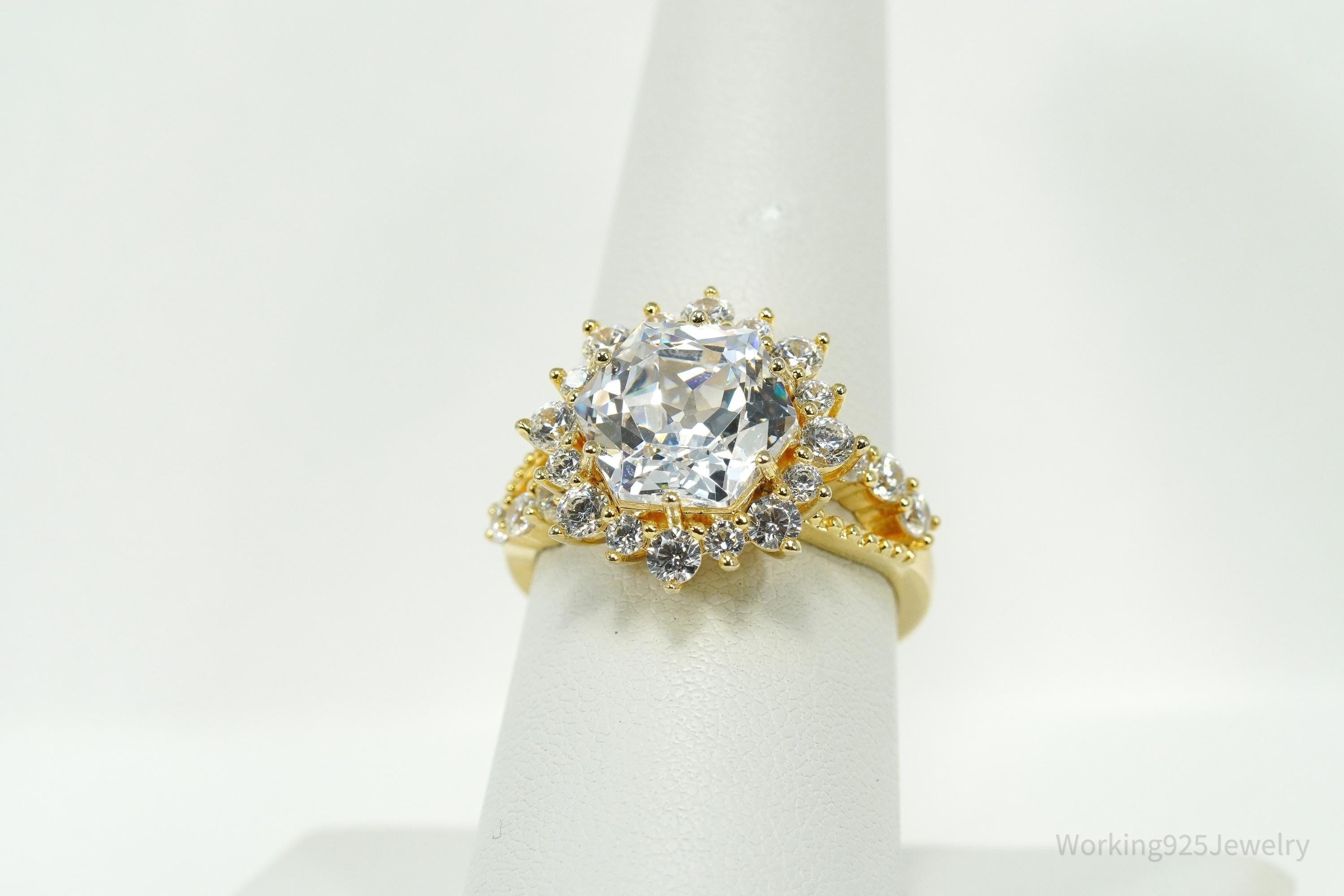 Large Cubic Zirconia Gold Over Sterling Silver Ring - Size 8