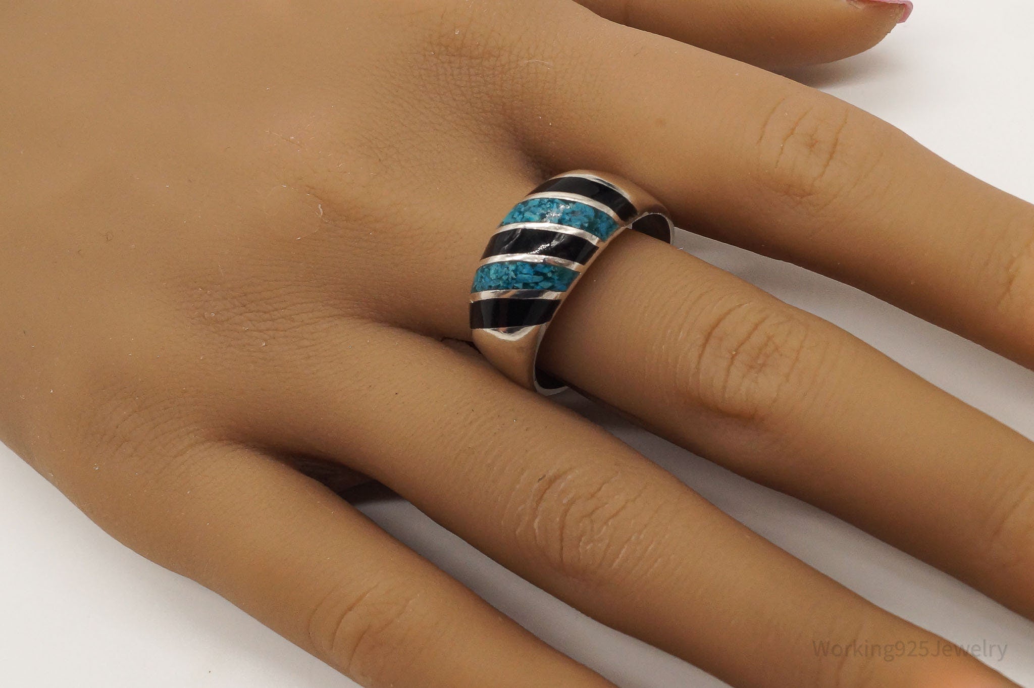 Vintage Mexico Blue Turquoise & Black Enamel Sterling Silver Ring - SZ 11.5