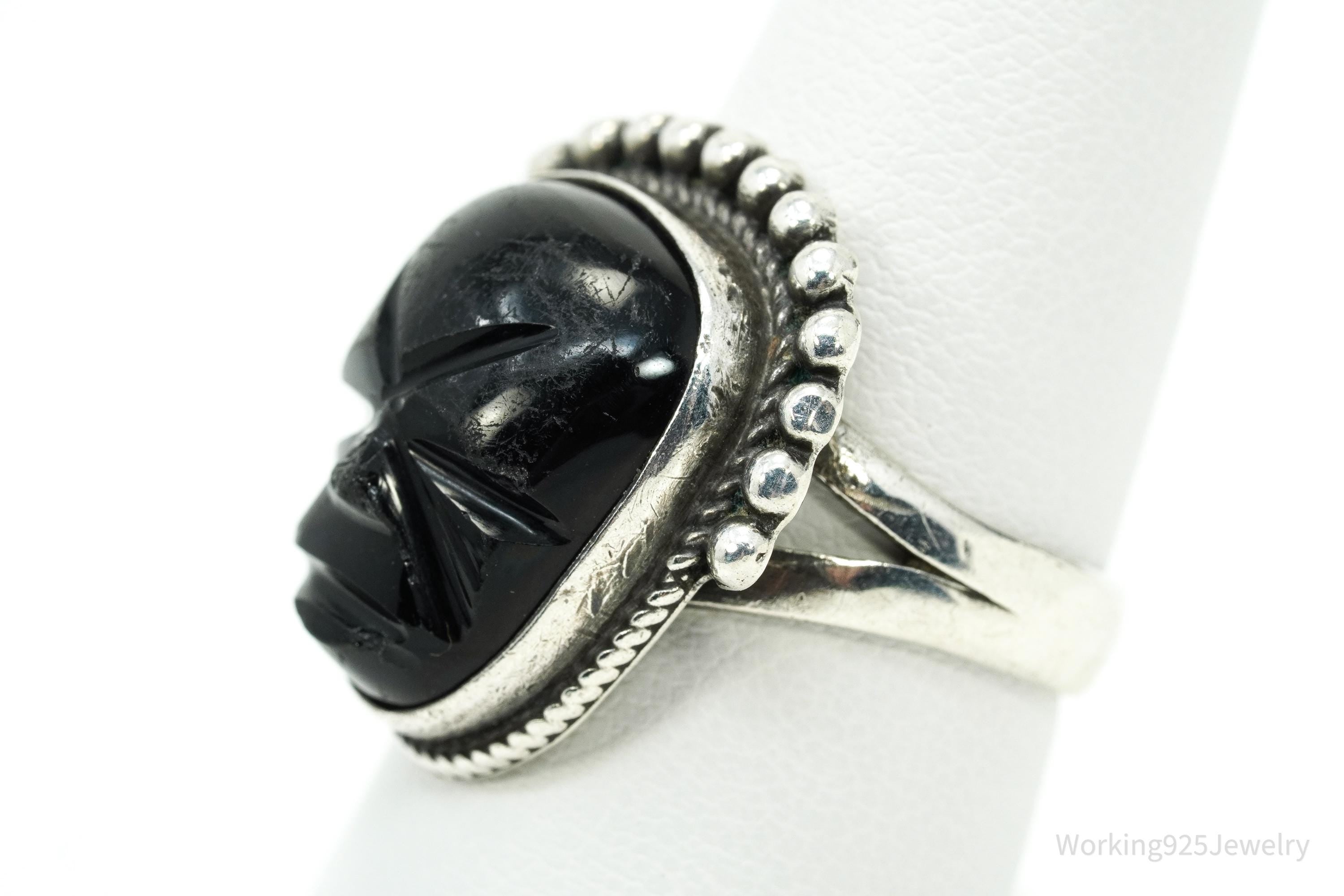 Vintage Mexican Carved Black Onyx Mask Silver Ring - Size 7.75